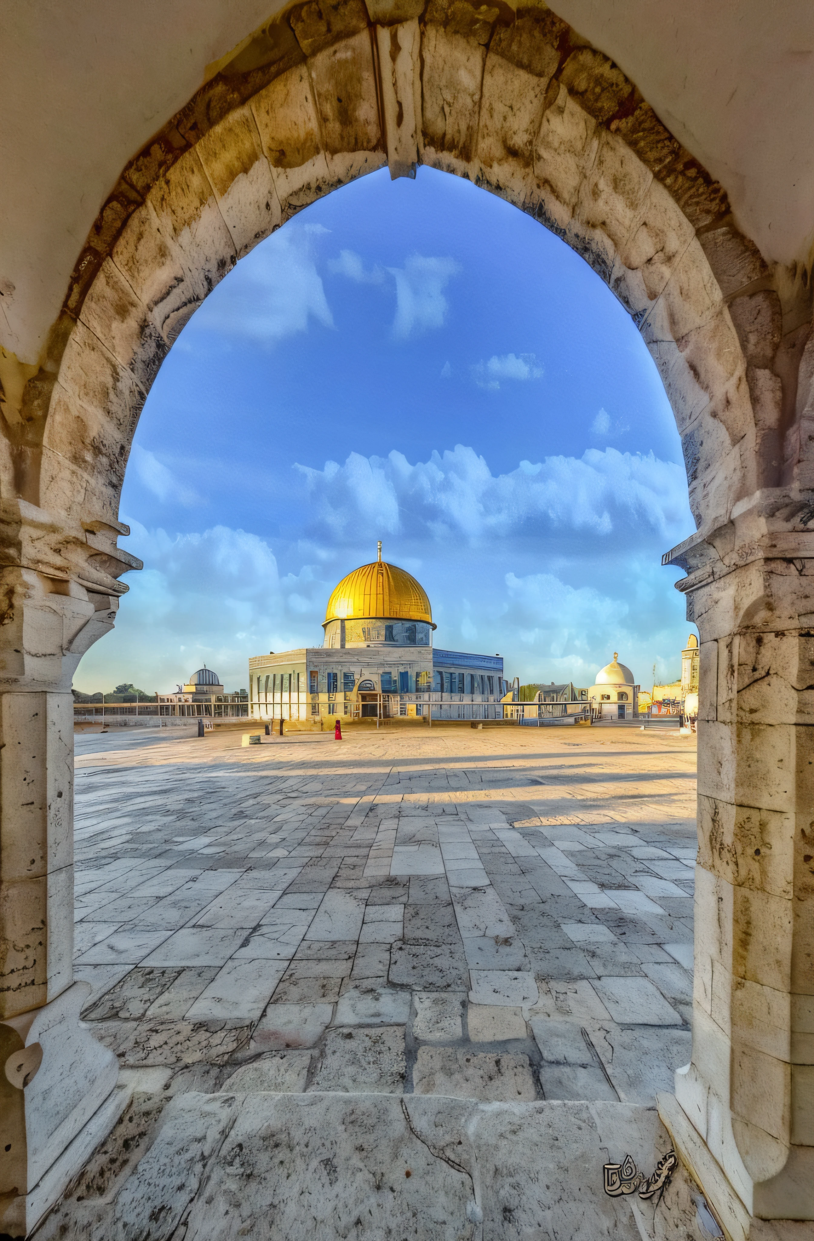 Arfied view of the Dome of the Rock in the middle of a courtyard, Dome of the Rock, Jerusalem, With domes and great arches, Islamic architecture, Middle East, Israel, With beautiful mosques, Dome of Wonders, Domes, cupola, Holy Place, Middle East Details, Arabic architecture, Moroccan Mosque, Middle Eastern, Historical setting, Mosque