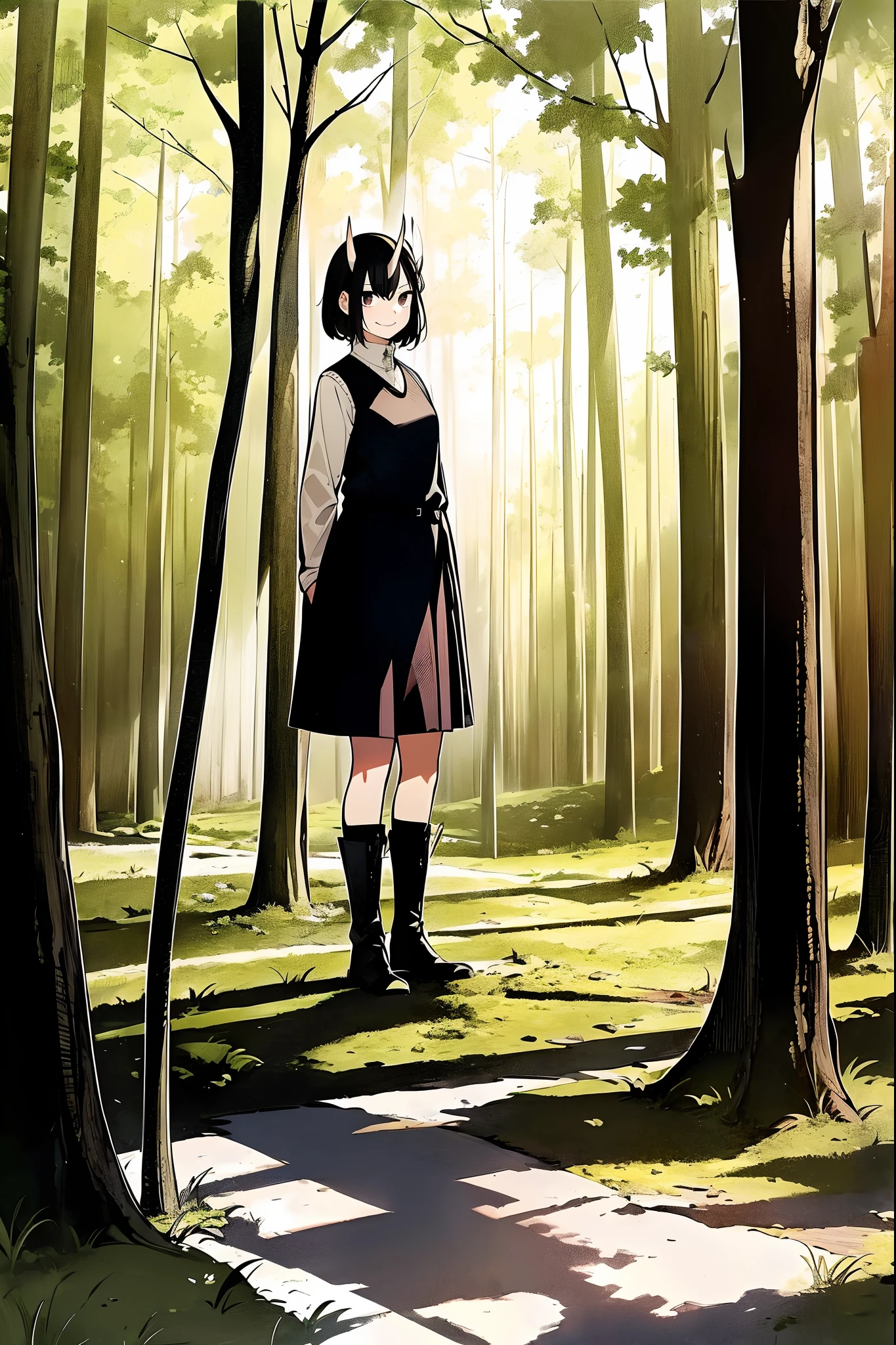 short hair, youngirl,black hair, vest, pullover, dragon horns, sharpteeth, standing, smile, full body , boots, long skirt, winter dress,, forest, woman-medieval-clothes, horns