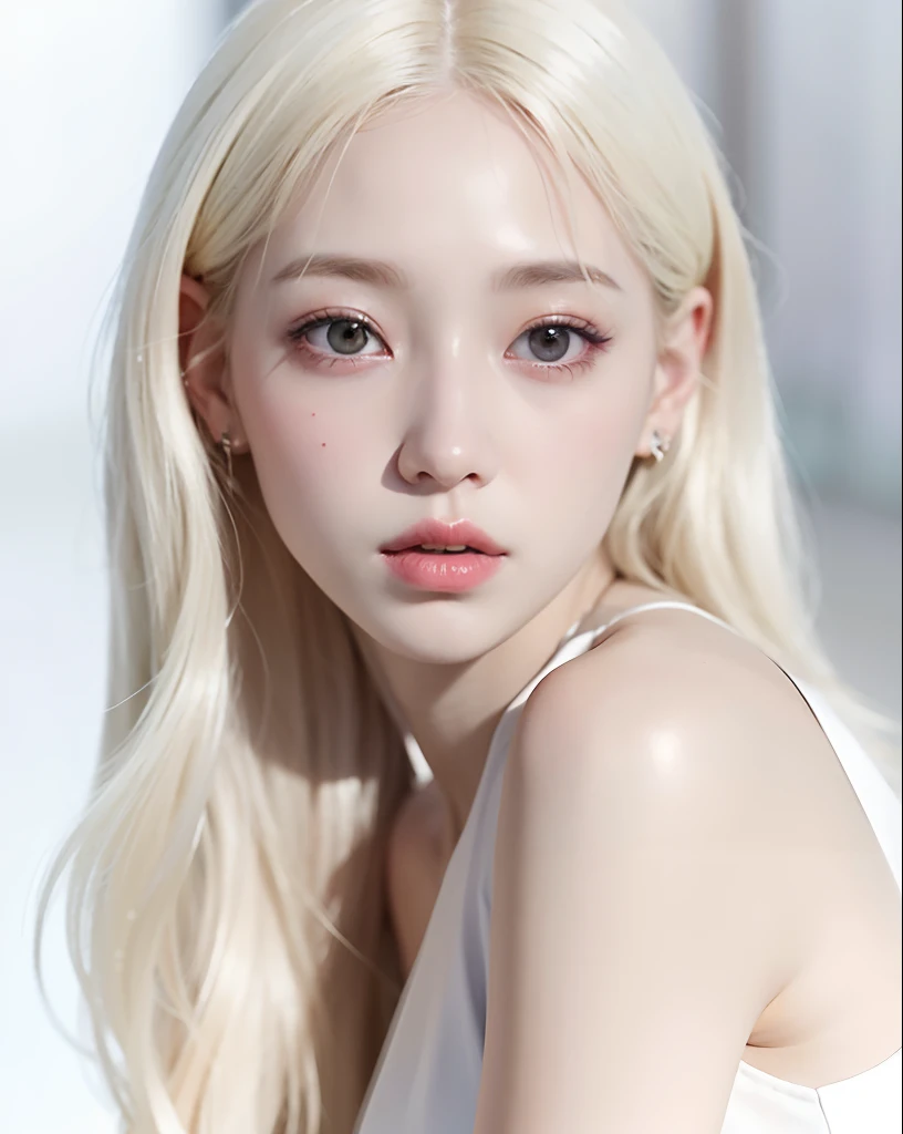 um close up de uma mulher com longos cabelos loiros e um top branco, pale glowing skin, pale porcelain white skin, Jinyoung Canela, Kim Doyoung, Jaeyeon Nam, Parque Roseanne do Blackpink, pale fair skin!!, ivory pale skin, pale hair, pele branca leitosa, pale snow white skin, maquiagem sul-coreana popular, albino white pale skin, TaeJune Kim