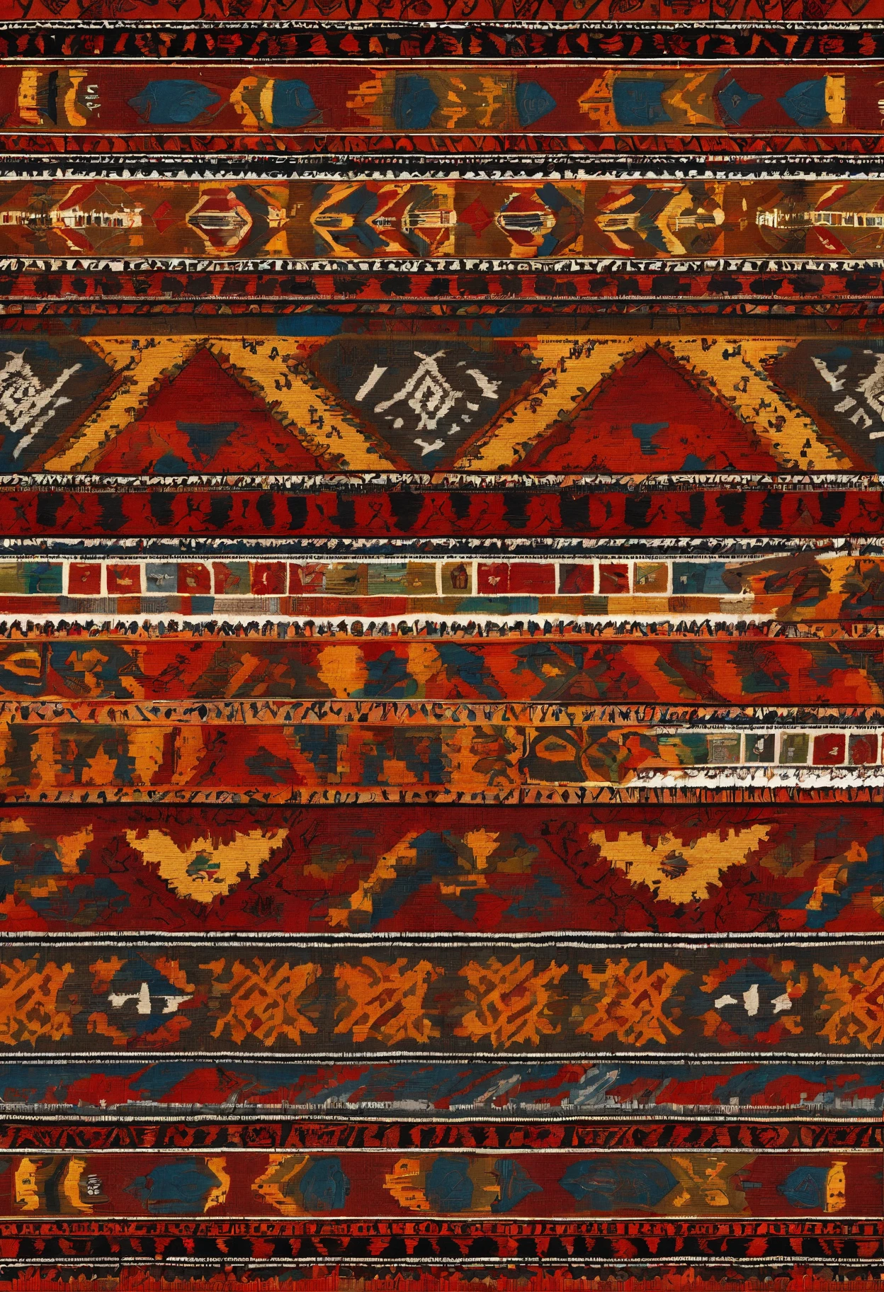 Carpet floor plan，Bright colors，Clear lines，vintagestyle，Contains rich tribal elements，Strong sense of layering，Realistic yarn texture