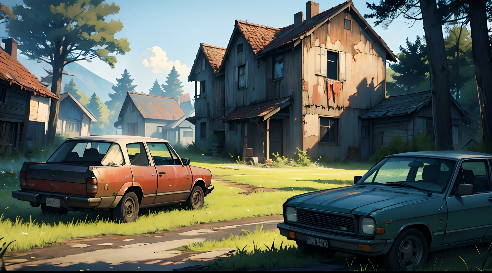 scenery with some zombies in front, few destroyed cars, bright, Beautiful colors, Large field, some houses, detailed, PC game colors, the last of us game