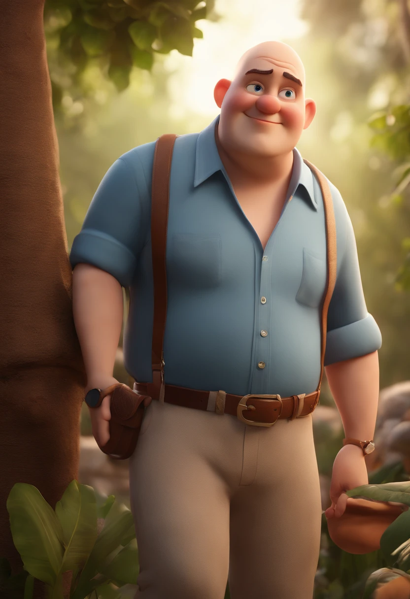 (best quality, highres, realistic:1.37), ultra-detailed, Pixar-style: a chubby, bald, white adult with a button-down shirt in a Brazilian modal fashion, poster, photography, 3D render, Disney-style, Cardboard, .png