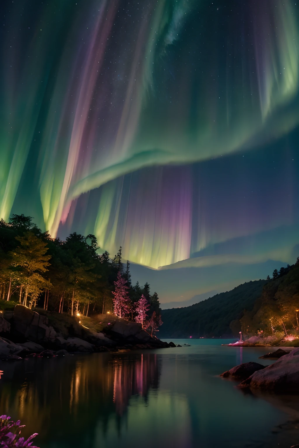 Glowing nebula flower cove with glittering beach, cyan purple green red fade colored ferns and forests, lake reflecting an aurora intricate detail, colorful, wonderful, glowing cute orbs flying around, World of Warcraft scenery, magnificent quality"
