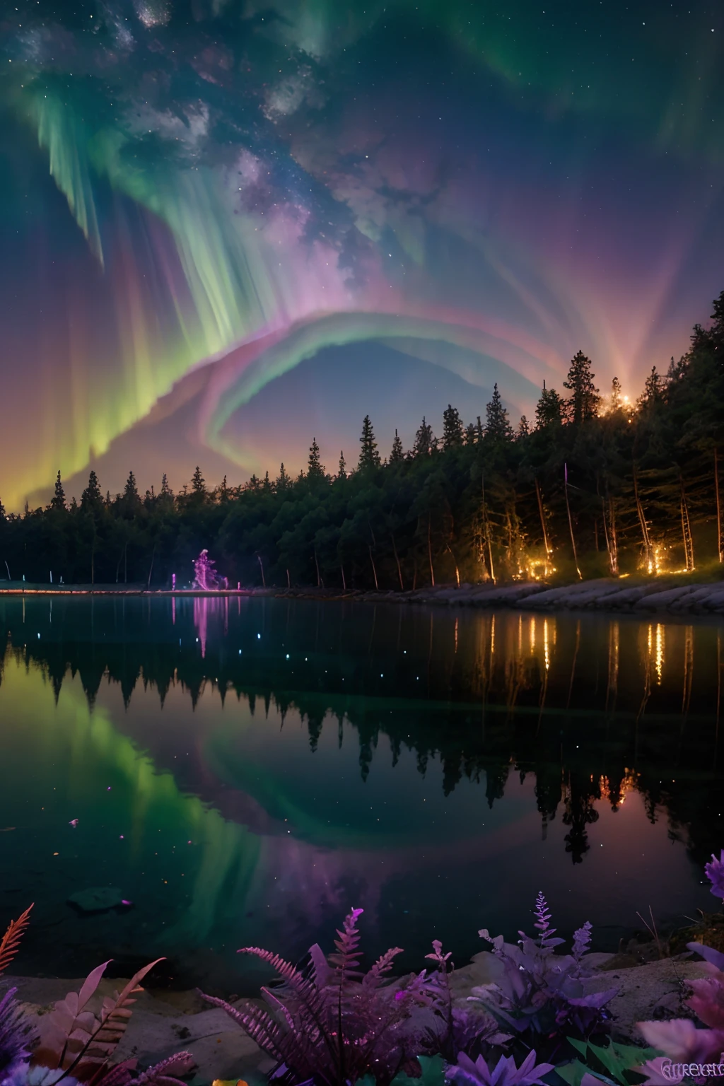 Glowing nebula flower cove with glittering beach, cyan purple green red fade colored ferns and forests, lake reflecting an aurora intricate detail, colorful, wonderful, glowing cute orbs flying around, World of Warcraft scenery, magnificent quality"