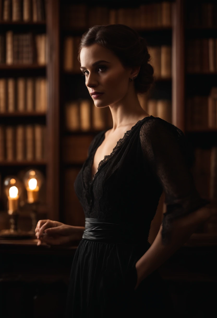 Style of Photo: Moody and Dramatic
Subject: A mysterious woman with a captivating gaze
Important Feature: Her piercing eyes
More Details: Wearing a flowing black gown and holding a vintage key
Pose or Action: Standing tall with an air of confidence
Framing: Close-up shot, focusing on the subject's face and upper body
Setting/Background: An old, dimly lit library with shelves filled with antique books
Lighting: Soft, diffused lighting with shadows to create an atmospheric effect
Camera Angle: Slightly low-angle, emphasizing the subject's presence and power
Camera: Sony Alpha a7R IV
Lens: Sony FE 85mm f/1.4 GM
Camera Properties: Full-frame mirrorless, 61 megapixels, 10fps continuous shooting