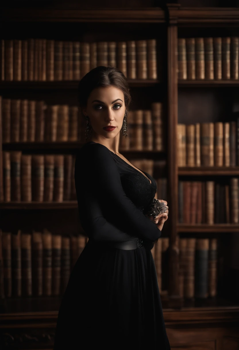 Style of Photo: Moody and Dramatic
Subject: A mysterious woman with a captivating gaze
Important Feature: Her piercing eyes
More Details: Wearing a flowing black gown and holding a vintage key
Pose or Action: Standing tall with an air of confidence
Framing: Close-up shot, focusing on the subject's face and upper body
Setting/Background: An old, dimly lit library with shelves filled with antique books
Lighting: Soft, diffused lighting with shadows to create an atmospheric effect
Camera Angle: Slightly low-angle, emphasizing the subject's presence and power
Camera: Sony Alpha a7R IV
Lens: Sony FE 85mm f/1.4 GM
Camera Properties: Full-frame mirrorless, 61 megapixels, 10fps continuous shooting