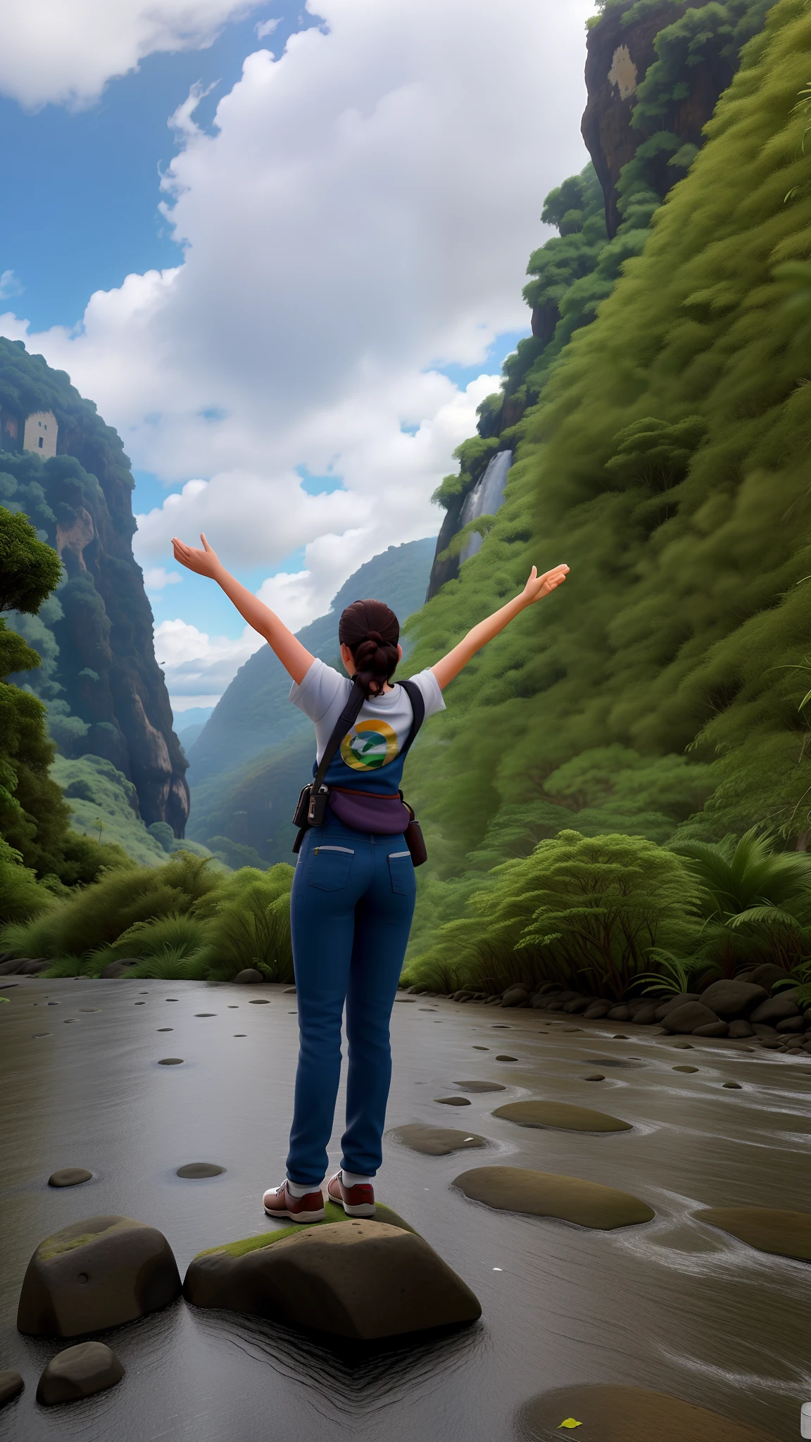 Um mulher clara, em cima de uma pedra, dentro de um rio, contra o pano de fundo de uma floresta