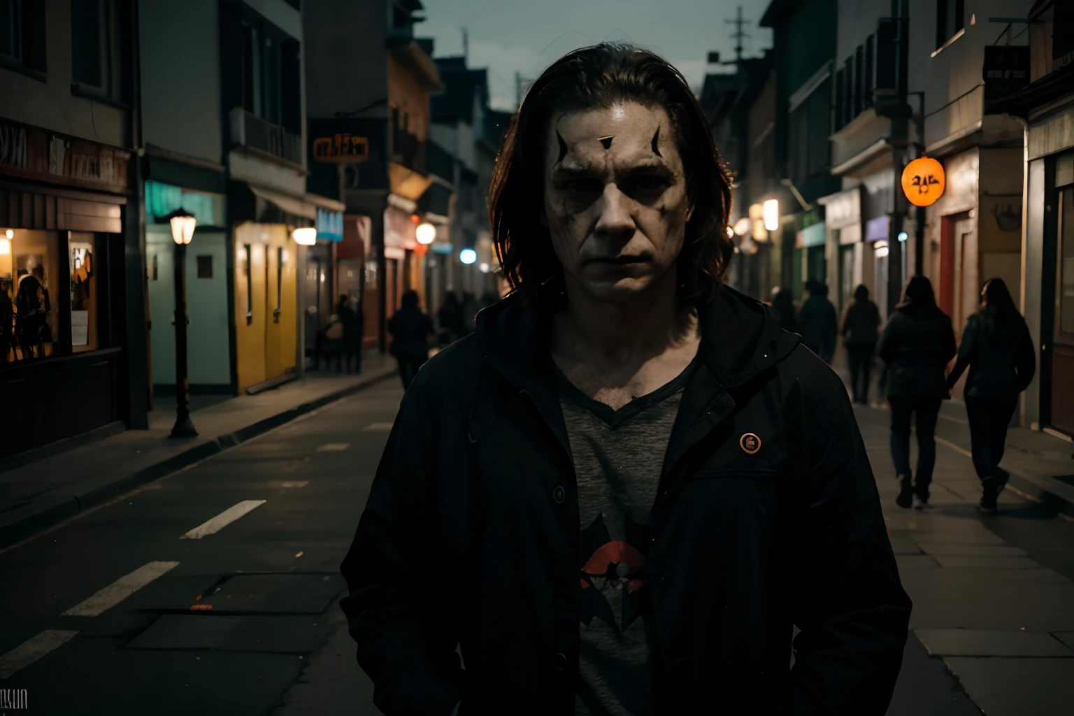 crea un personaje de terror tipo Michael Myers, cuerpo completo, crea varias escenas en noche de Halloween, personifica terror, miedo, angustia, en las personas, recrea diferentes escenarios de terros, crea personas al rededor, personas corriendo, personas en el piso, personas angustiadas.