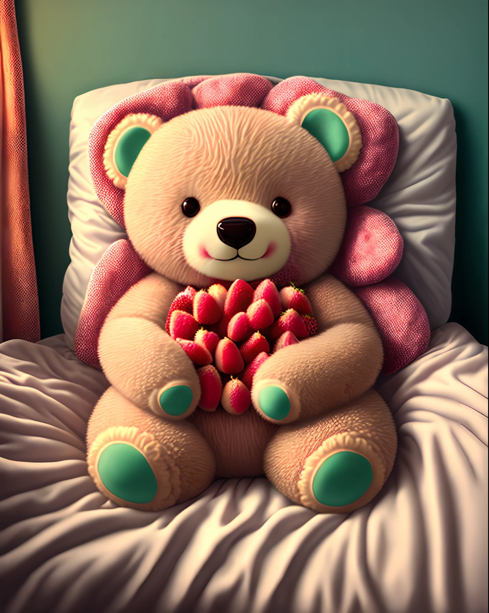 Strawberry bear in bed