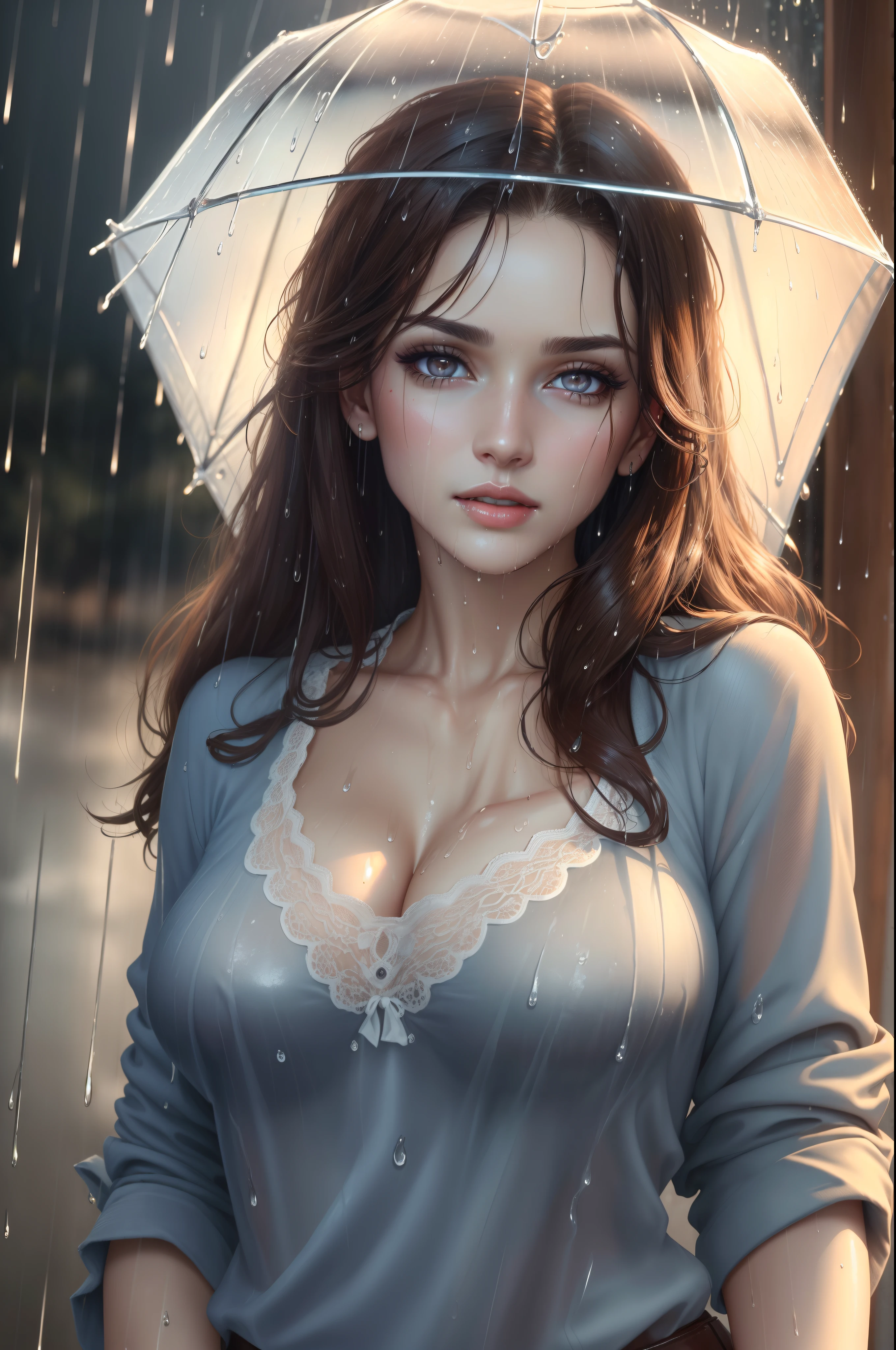 (Best quality, 4k, Masterpiece :1.3), Emma Watson, (topless breasts, attractive body :1.2), abs :1.1, dark brown hair: 1.1, (rainy wet, wet from rain, wet body :1.2), ultra-detailed face, detailed lips, detailed eyes, double eyelid