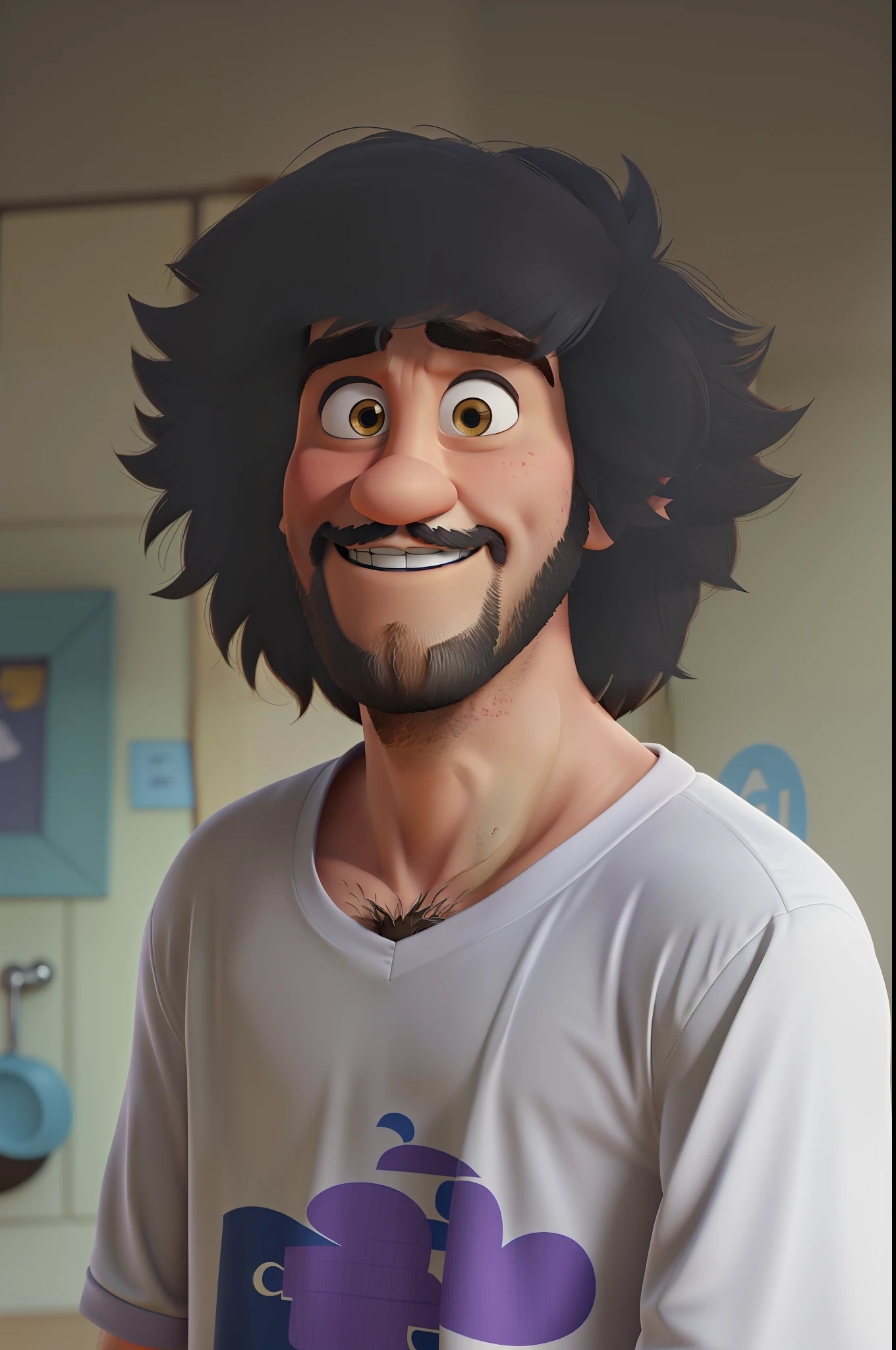 homem branco de barba, cabelo cacheado e sorrindo disney pixar em alta qualidade