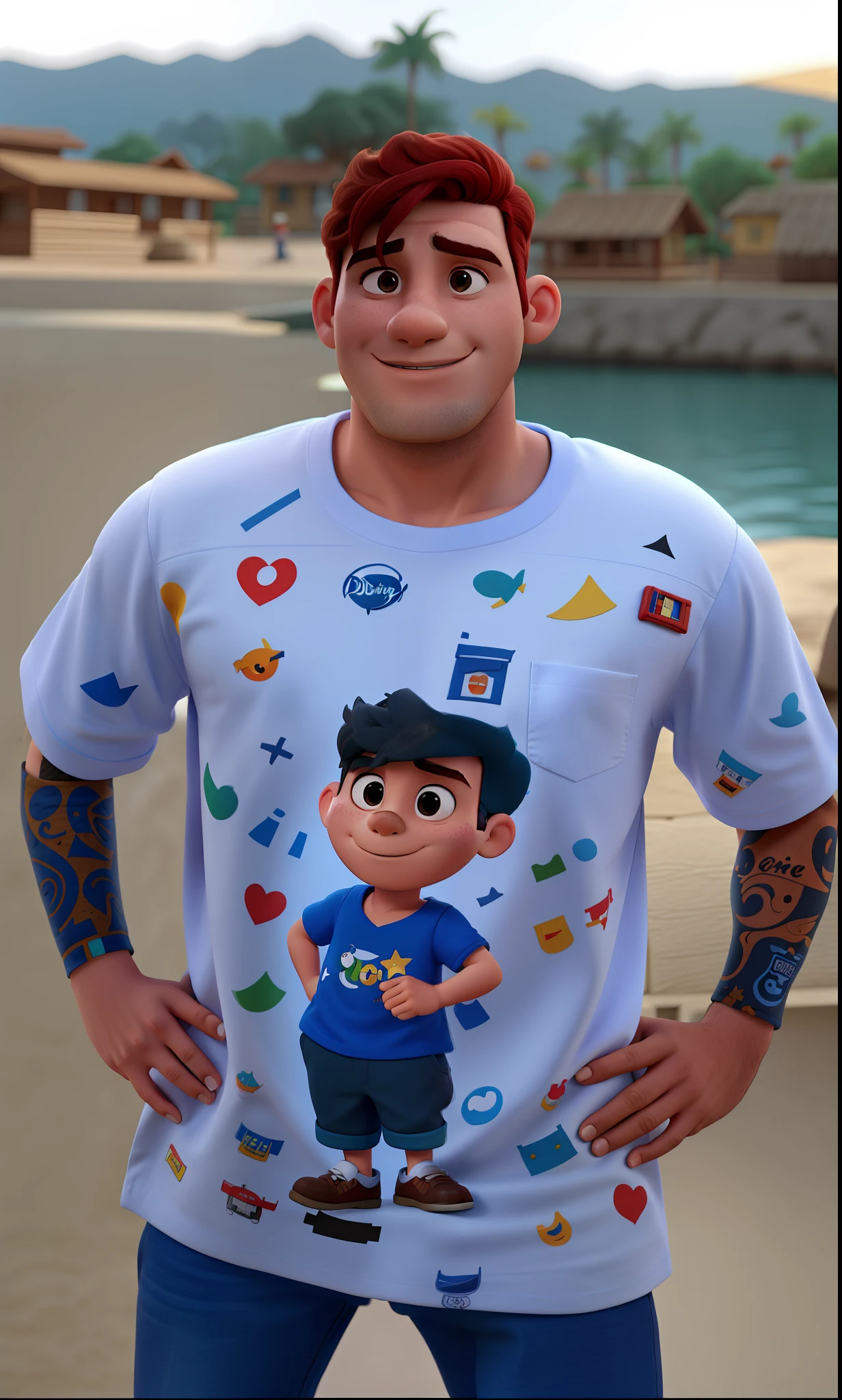 Homem moreno com blusa branca cheio de desenhos Disney Pixer