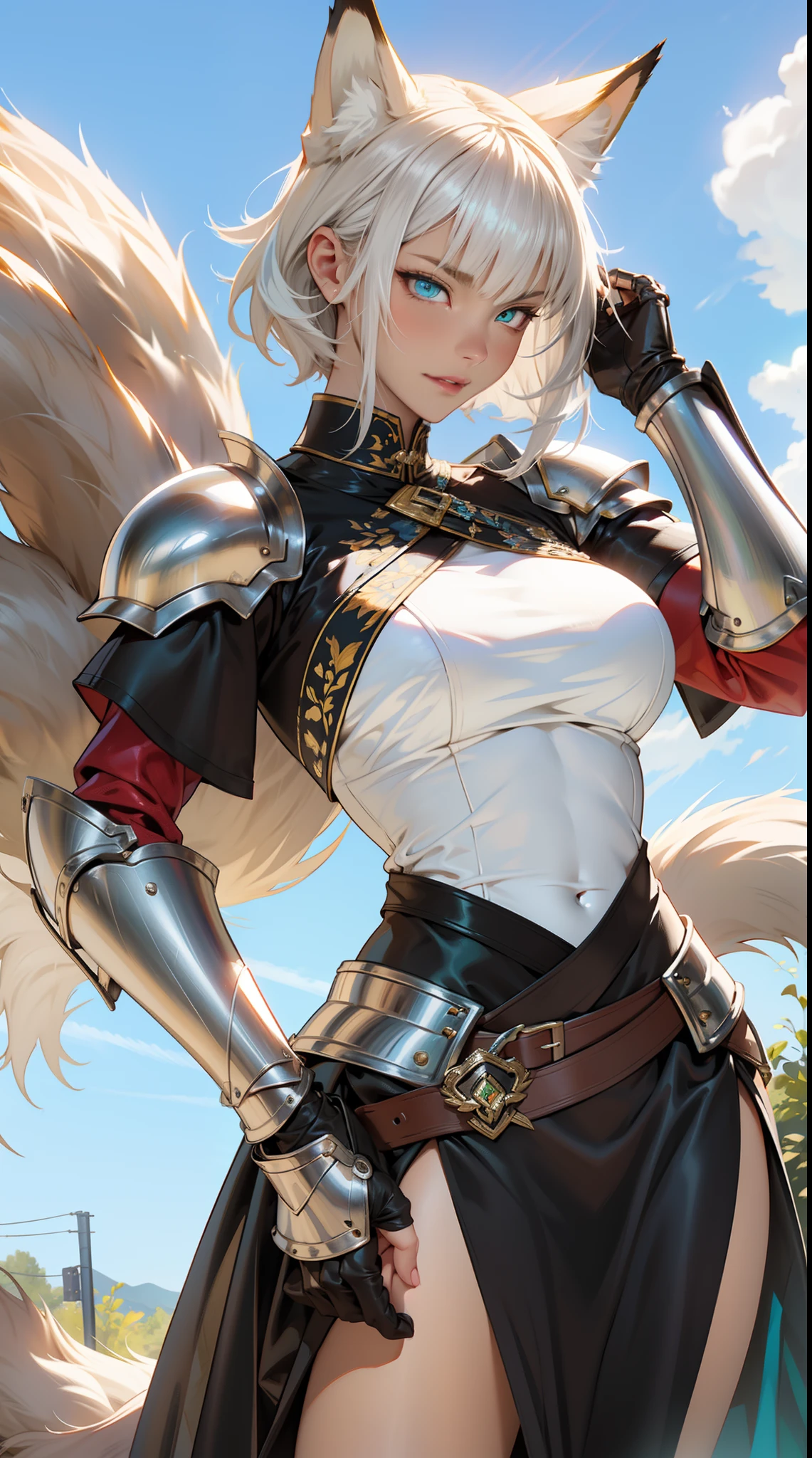 A nine-tailed mystical fox wearing a suit of armor, standing on a green hill, with a clear sky in the background, Extremely cute fox race face, 1girl, insanley detailed face and eyes, Perfect lips, very beautiful and feminine, big breast, (abs: 1.3), nice body, White hair, asymmetrical bangs, short hair, a purple eye, radiant eyes, fluffy tail, fluffy fox ears no ears human, a female medieval knight, wearing a black and teal dress armor, full silver, Complex detailed gauntlets, complex detailed right armor, globalillumination, dramatic, cinematic lighting, fine expression, fine detail, masterpiece, a digital art by Yusuke Murata.