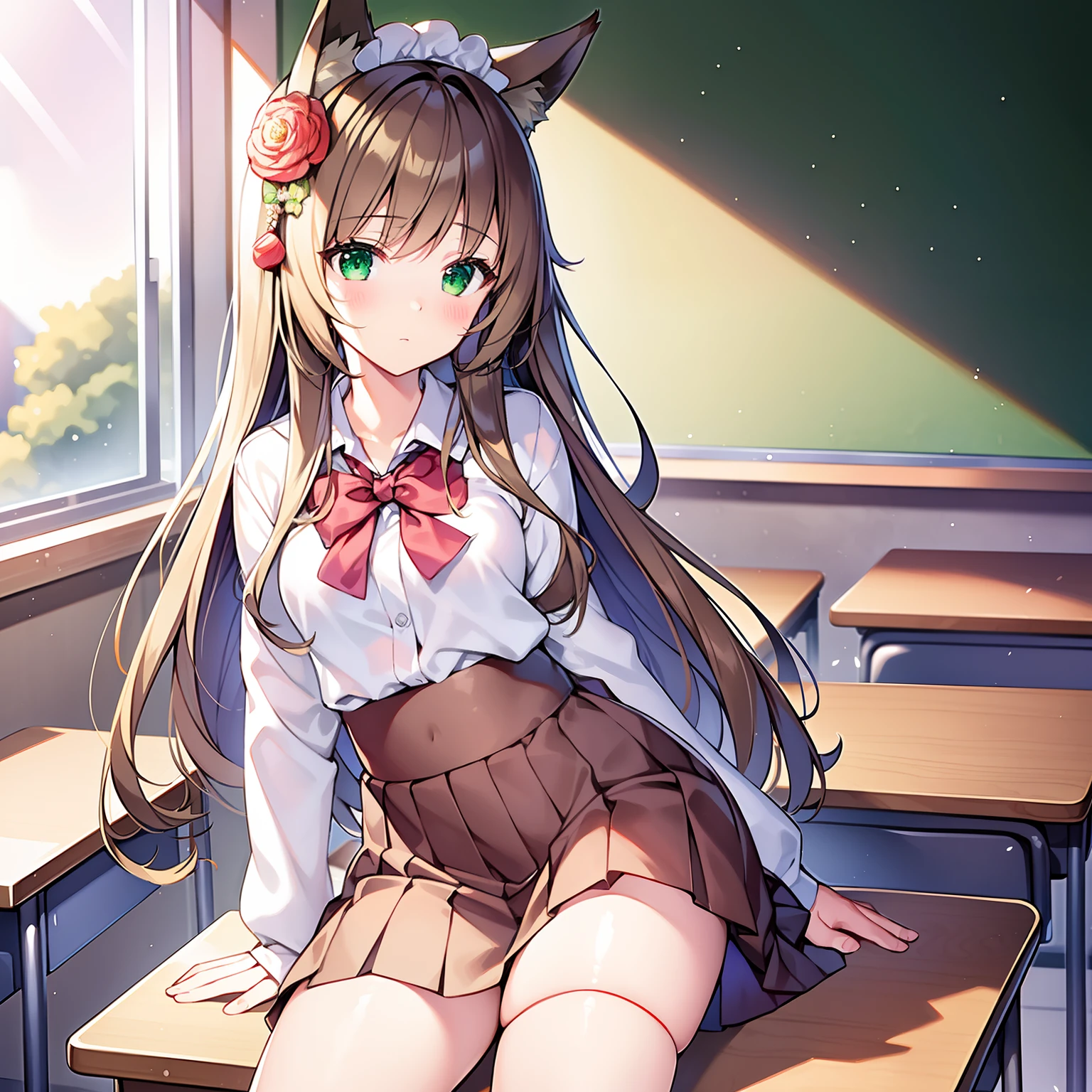 Masterpiece, Best quality, high resolution, 1girll, Solo, Oversized fox tail，Long brown hair，Green eyes，Small flower headdress, (13-year-old junior high school student)，In the school classroom，The girl is getting ready to change her clothes for physical education class，Change into old-fashioned Japanese schoolgirl tracksuits_The sports top is already on_She was only halfway through her athletic shorts_Expose panties，