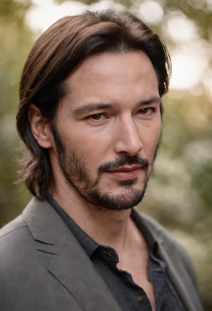 Create a realistic portrait of a man strikingly resembling Keanu Reeves, Un enthousiasme contagieux et une vraie joie de vivre,chaud, natural lighting that highlights the characteristics of the subject and brings out the warmth in its expression,Photo en gros plan, capturer votre visage et le haut du corps. Place the camera at eye level to show your connection with the viewer, while his brilliant and enthusiastic expression takes centre stage ::n_Generate an image that depicts a man who looks tired and disinterested, Conveying a lack of enthusiasm and passion
