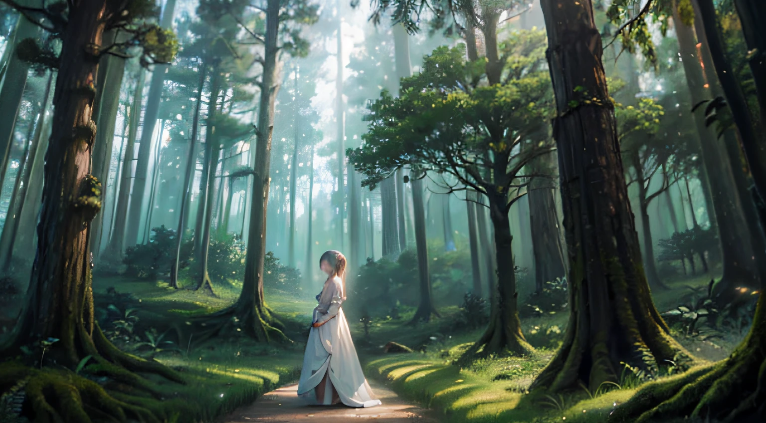A mystical forest with giant trees and magical beings hidden among the branches,1girl, a princess with white dress, lost in the forest, feel sad and confusion, looking forward, standing on one side, 8K, high quality