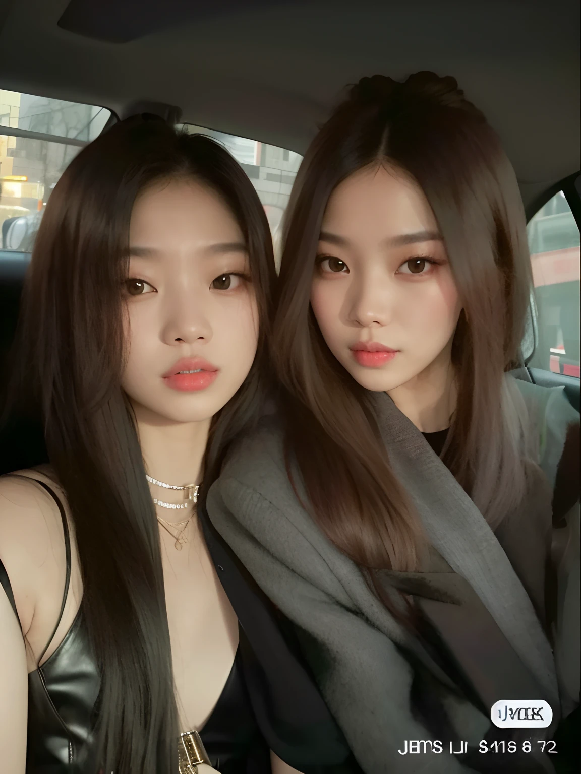 Two Asian women sitting in a car with a scarf, jennie blackpink, Ulzzang, jossi do blackpink, com preto, Jinyoung Canela, Gongbi, com cabelos longos, dois modelos no quadro, Nixeu e Sakimichan, Jaeyeon Nam, com o mesmo penteado, pixivs e junji ito, with a twin, com ela longa
