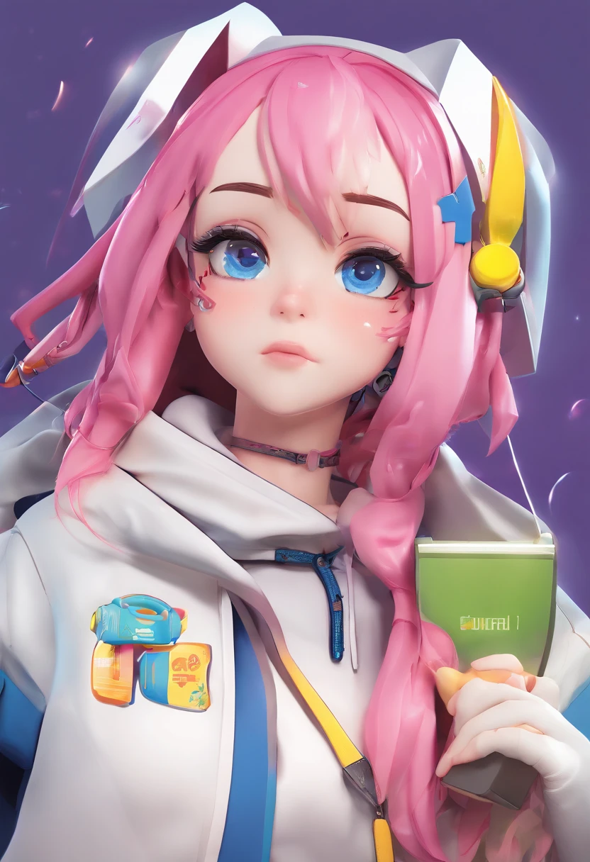 mika pikazo, 1girl, blue eyes, blue hoodie, computer, earrings, hood, hoodie, jewelry, keyboard (computer), logo, logo parody, mouse (computer), multicolored eyes, pink hair, recycle bin, solo, white background, yellow eyes, holdin a chocolate ,