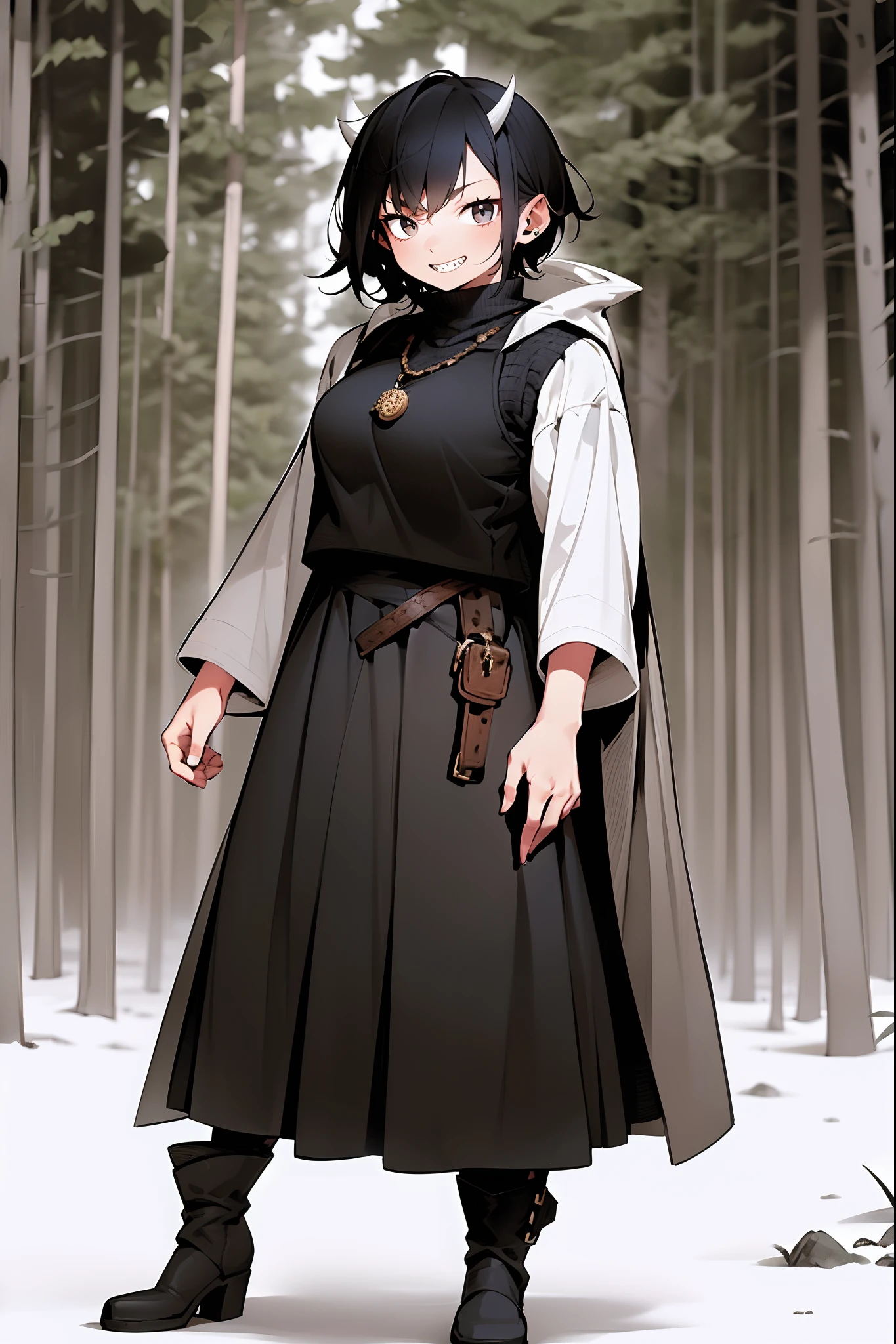 short hair, youngirl,black hair, vest, pullover, dragon horns, sharpteeth, standing, smile, full body , boots, long skirt, winter dress,, forest, woman-medieval-clothes, horns