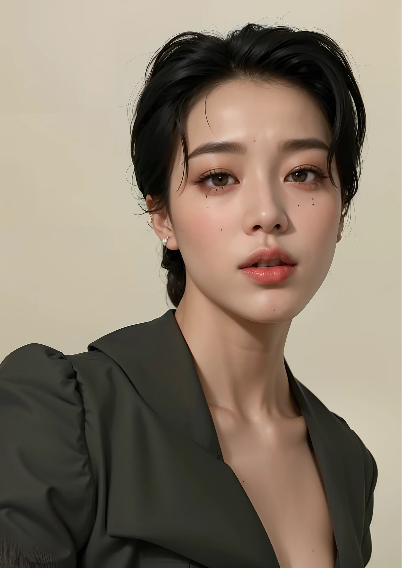 Araffe asian woman with black hair and a black top, Jimin\'s right eyelid swollen, Parque Jimin, Jimin\Plump lips, Rosto Jimin preciso, Jimin\Nariz grego, Jimin, Beautiful androgynous prince, Jung Jaehyun, delicate androgynous prince, Kim Doyoung, TaeJune Kim, wan adorable korean face