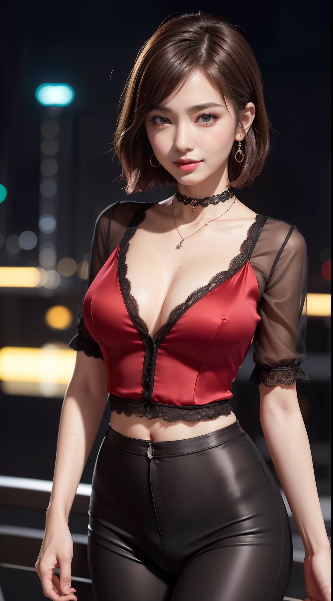 8k, masterpiece, RAW photo, best quality, photorealistic, extremely detailed CG unity 8k wallpaper, Depth of field, Cinematic Light, Lens Flare, Ray tracing, (extremely beautiful face, beautiful lips, beautiful eyes), intricate detail face, ((ultra detailed skin)) 1girl, in the dark, deep shadow, pretty Asian girl, idol, 1 girl, (very slim slender fit-muscled body:1.3), ((looking at viewer)),(big smile:1.3), (tight laced blouse), (short sleeve) , (city night, dark night, (neon sign), (blurred background), dim lights, cityscape, rooftops, beautiful earrings, bracelets, necklace, clear eyes, (pale skin), (big eyes), face forward, ((upper body shot)), (black, red silk pants),(brown hairs), (silk blouse), laced jacket , (looking at viewer:1.3), open breast, (very slim), medium breasts, (see through),((flooming laced)), (camel toe),  short hair, laced blouses, thick thighs, medium butt, (red color pants)