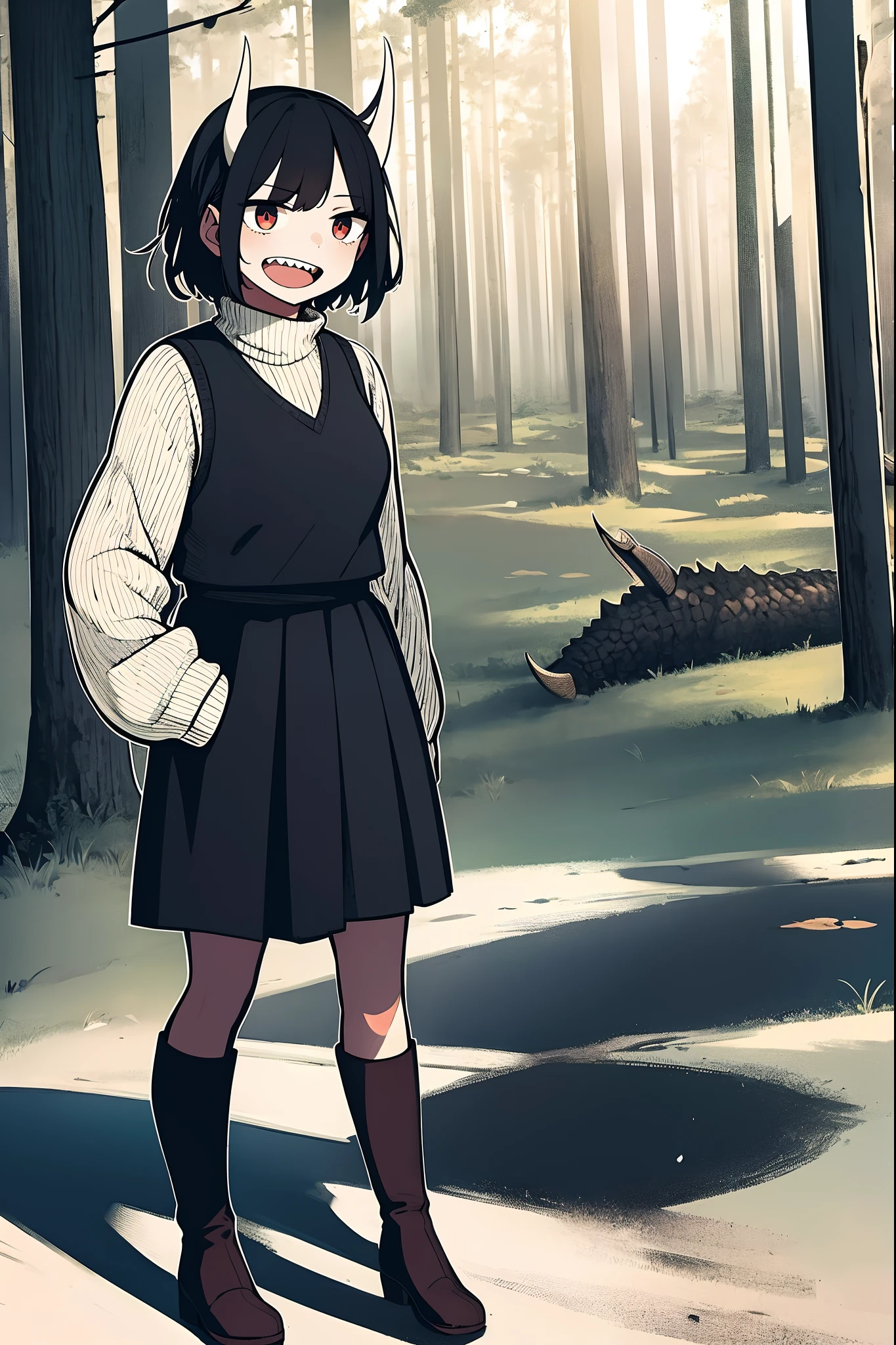 short hair, youngirl,black hair, vest, pullover, dragon horns, sharpteeth, standing, smile, full body , boots, long skirt, winter dress,, forest, woman-medieval-clothes, horns, smile, open mouth ,sharpteeth,