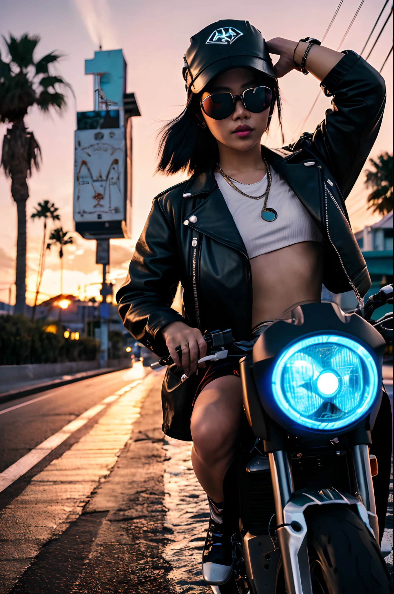 An 80s synthwave Asian gangsta girl on stylish visor that covers her eyes , and the visor has neon squares LED OLED screens smoking with a mean snicker and gang vibes wearing a leather jacket, a bandana on her head  on  riding on a Kawasaki Ninja H2Rin a synthwave lit neon road with a retro sunset and palm trees, with more bloom , with neon lights and lens flare, and rain