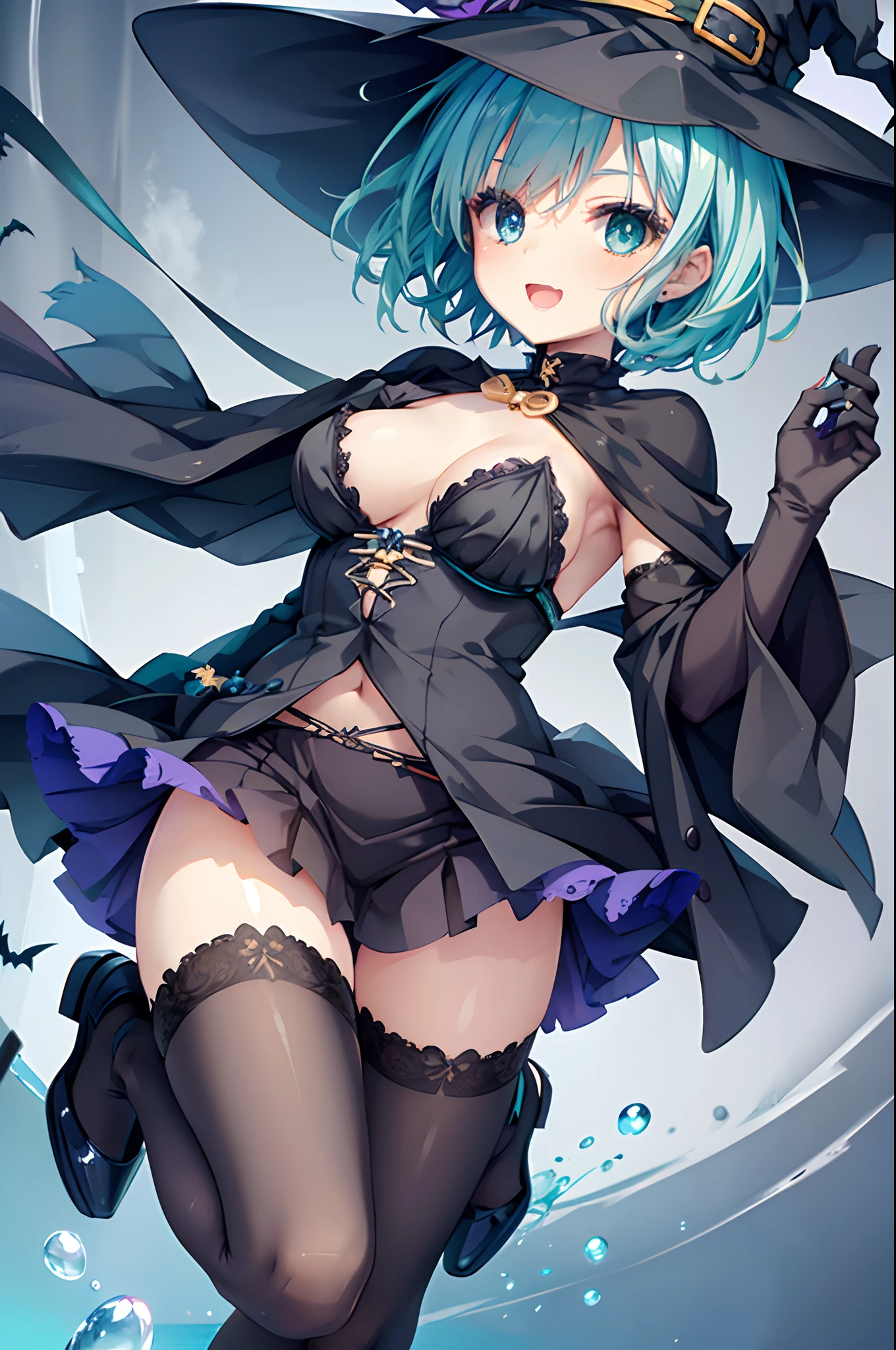 girl,Colossal tits,Smile with open mouth,short blue hair,Halloween Costumes,the witch,Halloween Backgrounds ,hair adornments,Heterochromia,Blue and green eyes,Top image quality,Best Quality