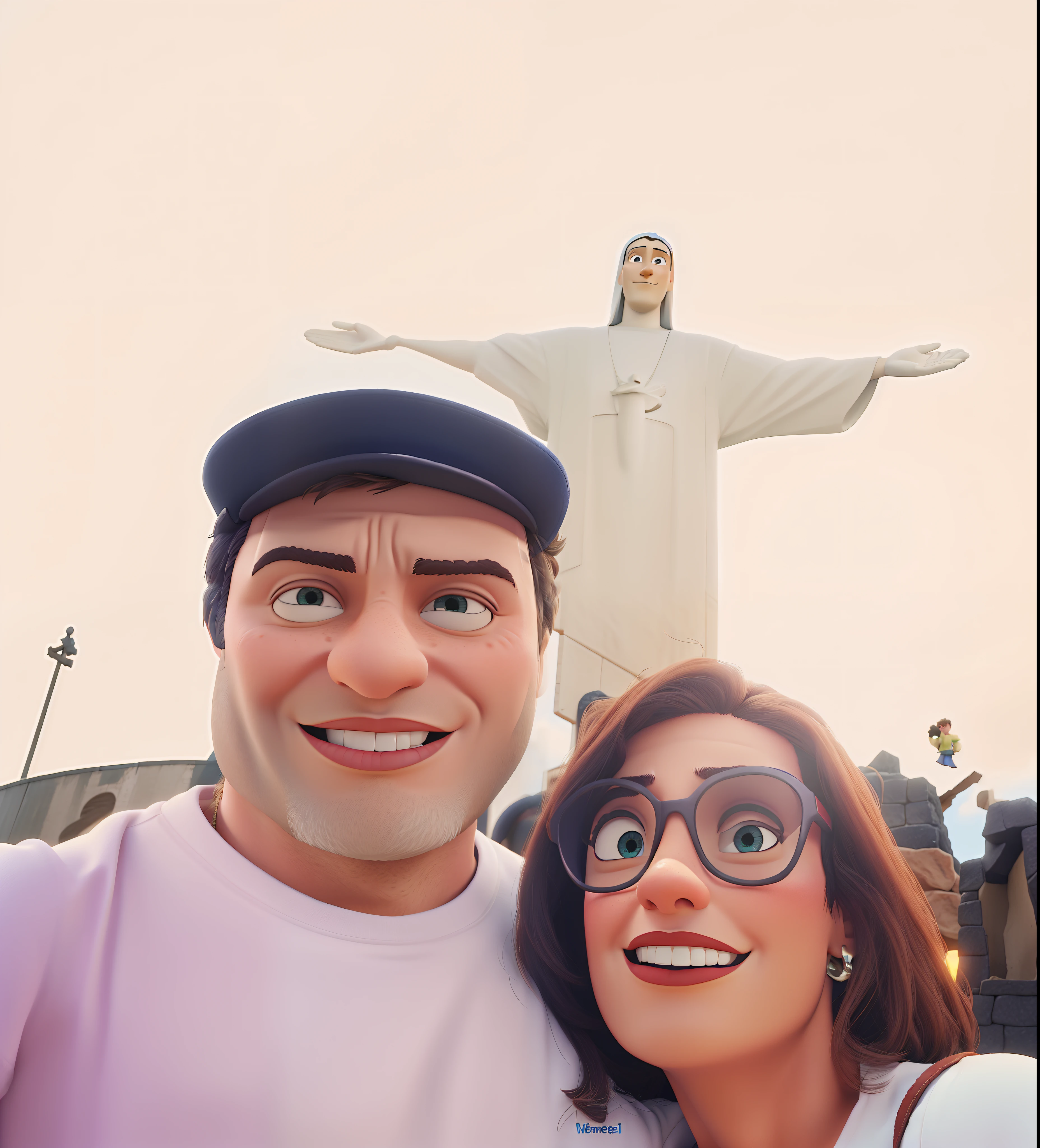 Homem e mulher morenos no Cristo Redentor estilo Pixar