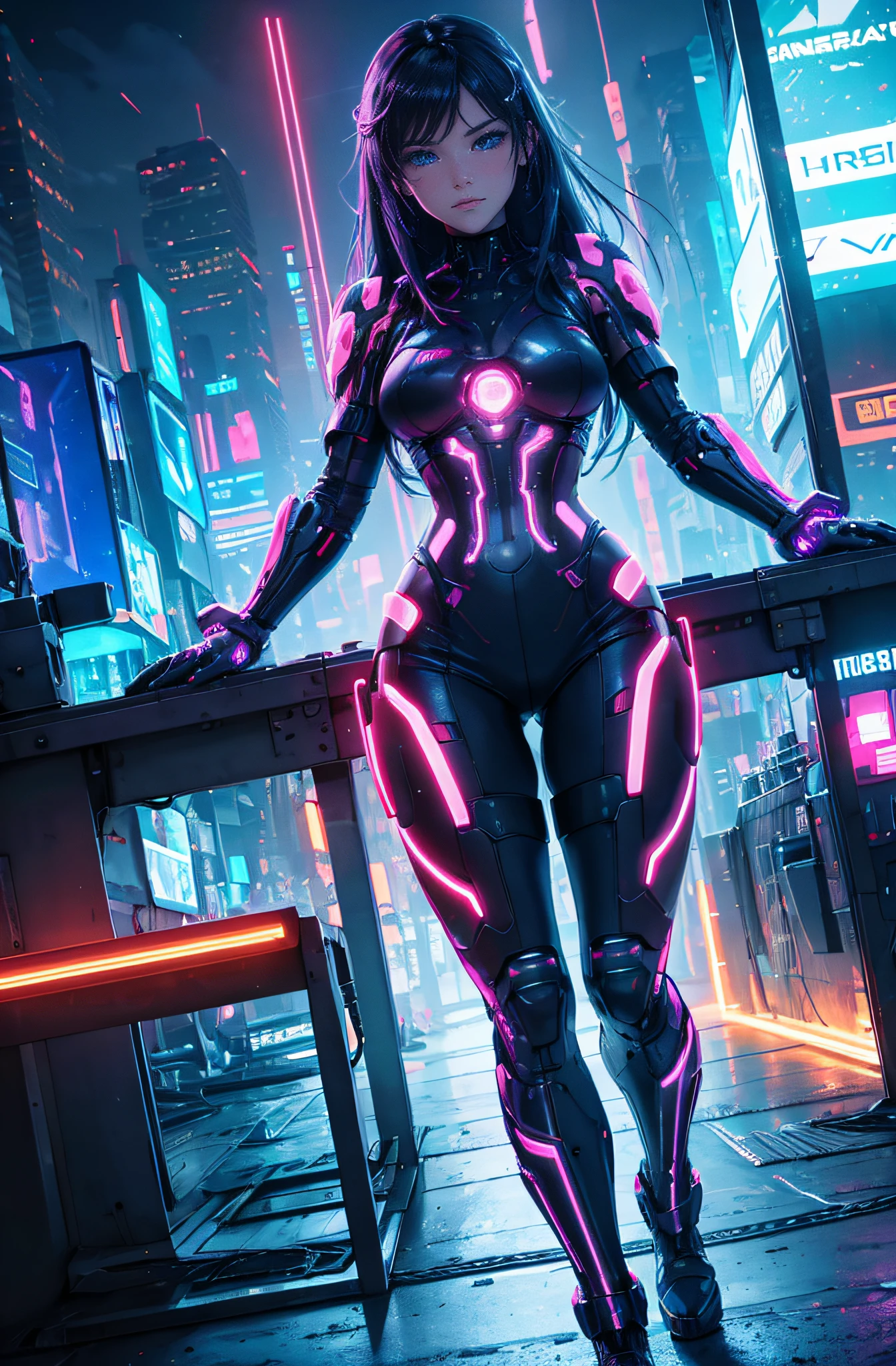 High-Resolution, Vibrant Colors, Cybernetic Enhancements, Neon Lights, Reflections, Technological Cityscape, Advanced Architecture, Intricate Machinery, Holographic Projections, Dystopian Atmosphere.