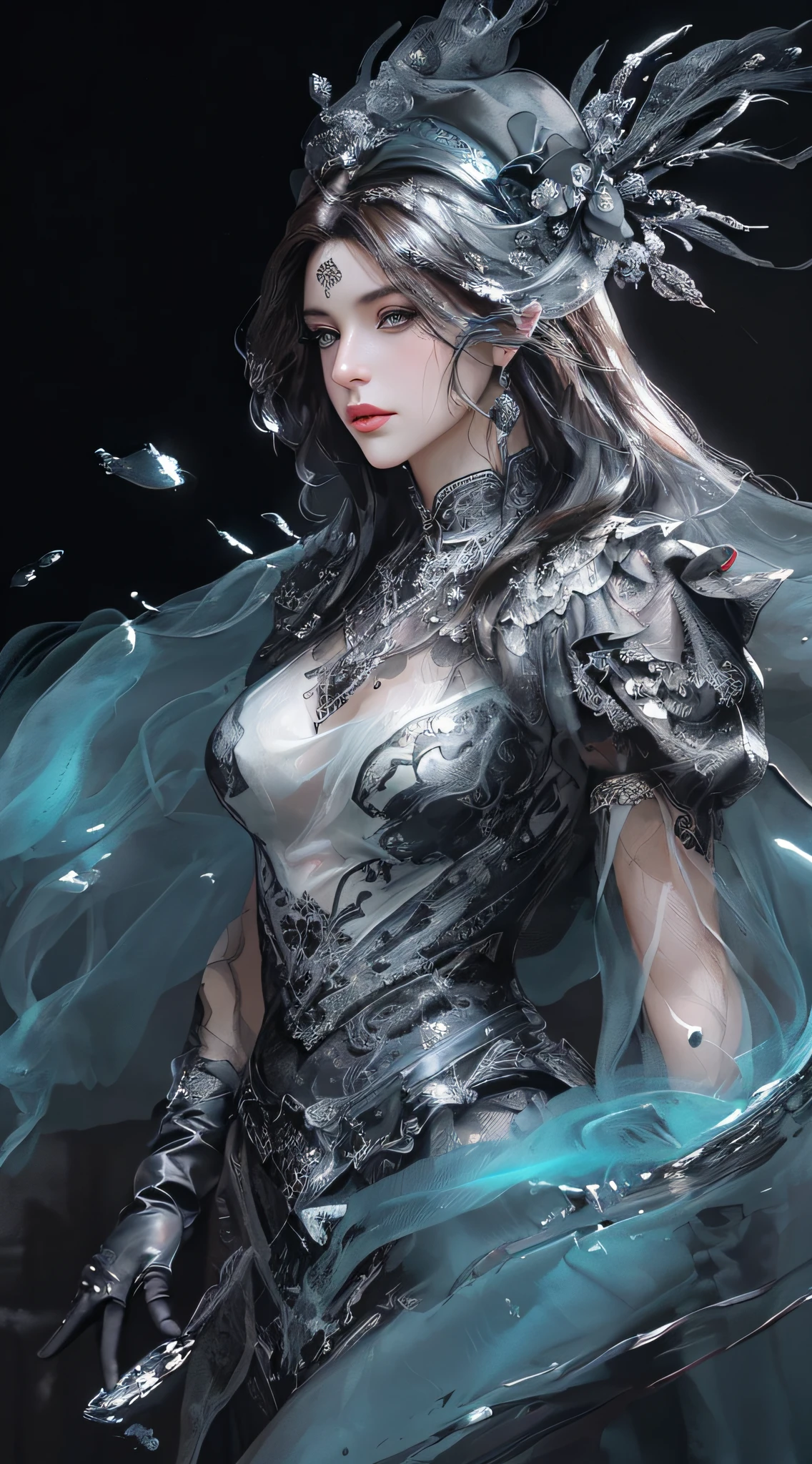 beautiful brunette woman, model, artistic pose, black hat, wearing black lace gloves,
romantic makeup, black and white speedpaint with large strokes and splashes of paint, shadows and reflections, highly detailed, vibrant, production cinematic character render,
hyper-realistic high-quality model, HDR, 8K, ultra high quality