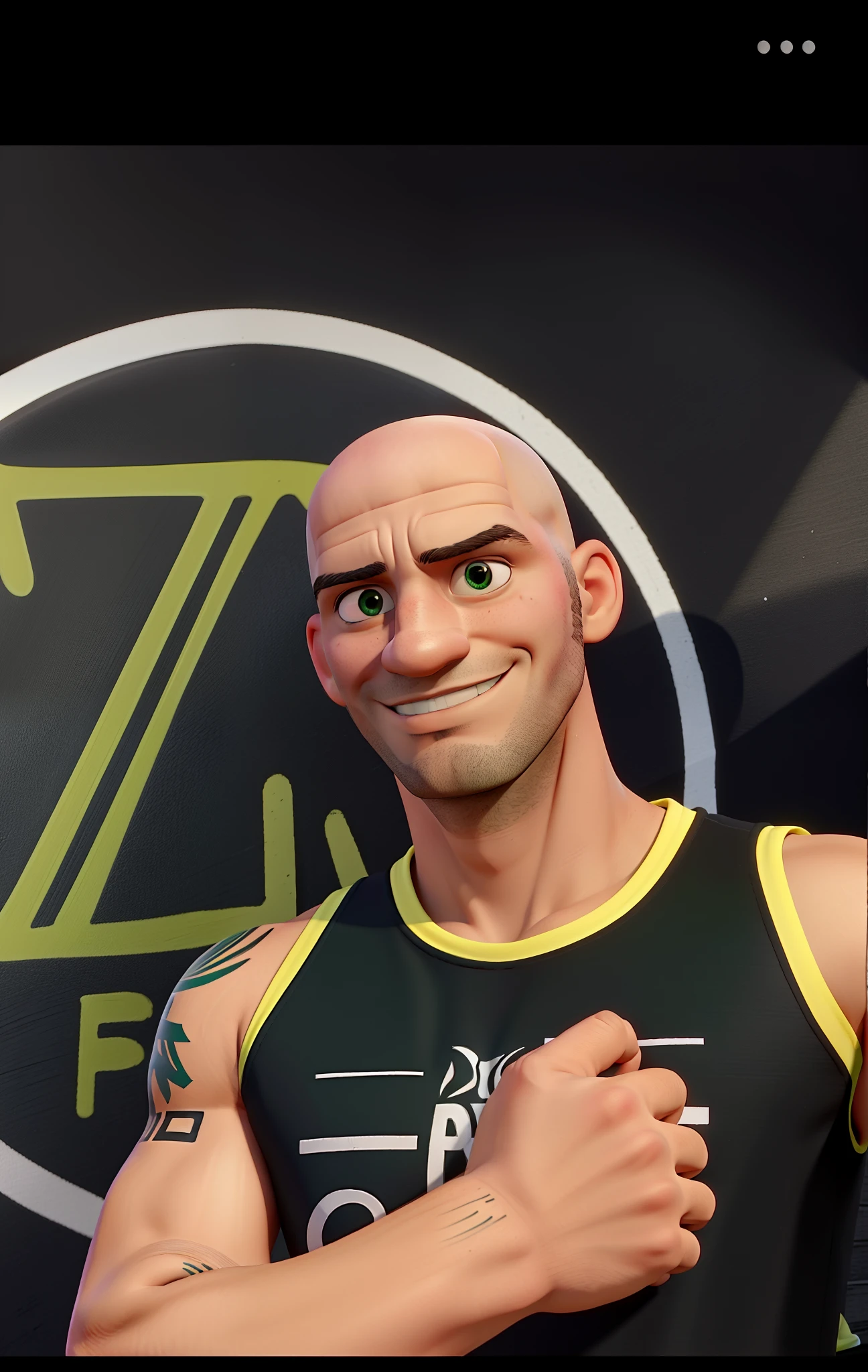 Corredor maratonista, bald man with tattoo on arm, shorts verde e regata preta escrito Z3