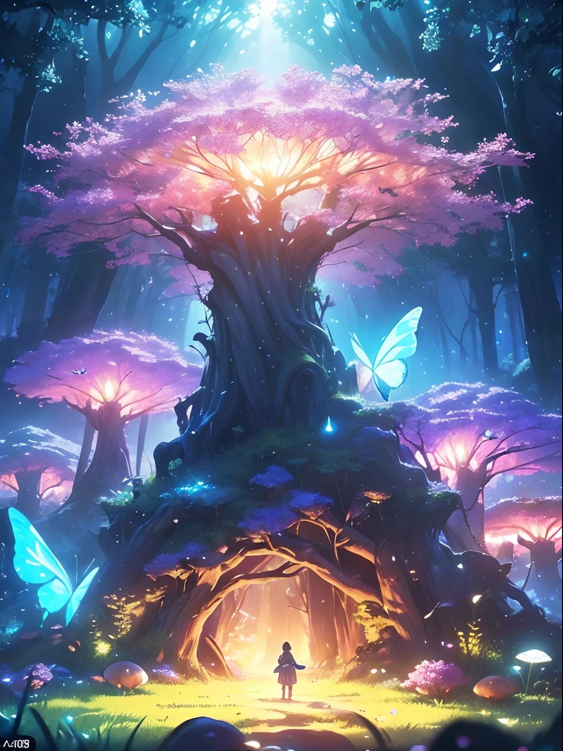 Enchanted mystical forest, neon-colored butterflies, pure blue water river spring, golden mini fairies, glowing mushrooms releasing pollen, extremely beautiful landscape, (ultra-realistic), {extremely detailed 8k CG unit wallpaper}, expansive landscape photography, (a low view that prioritizes the entire scene, (wide open field view), (low angle shot), (high light: 1.5), (low light: 1.0), (warm light source: 1.0), complex details, (iridescent colors: 1.5), (bright lighting), (atmospheric lighting), nature, magical, landscape
