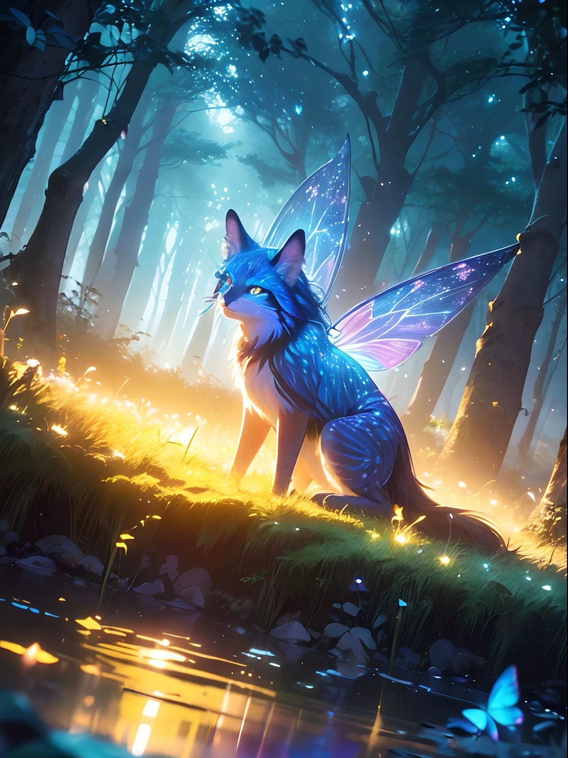 Enchanting mysterious forest, Neon butterfly, Pure blue water river spring, Golden mini fairy, Glowing mushrooms release pollen, Extremely beautiful scenery, (Ultra-realistic), {Extremely detailed 8k CG unit wallpaper}, Expansive landscape photography, (Prioritize a low view of the entire scene, (Broaden your horizons), (low angle shot), (high light: 1.5), (Low light: 1.0), (Warm light source: 1.0), Complex details, (Iridescent colors: 1.5), (Bright lighting), (Atmospheric lighting), Nature, magical, landscape