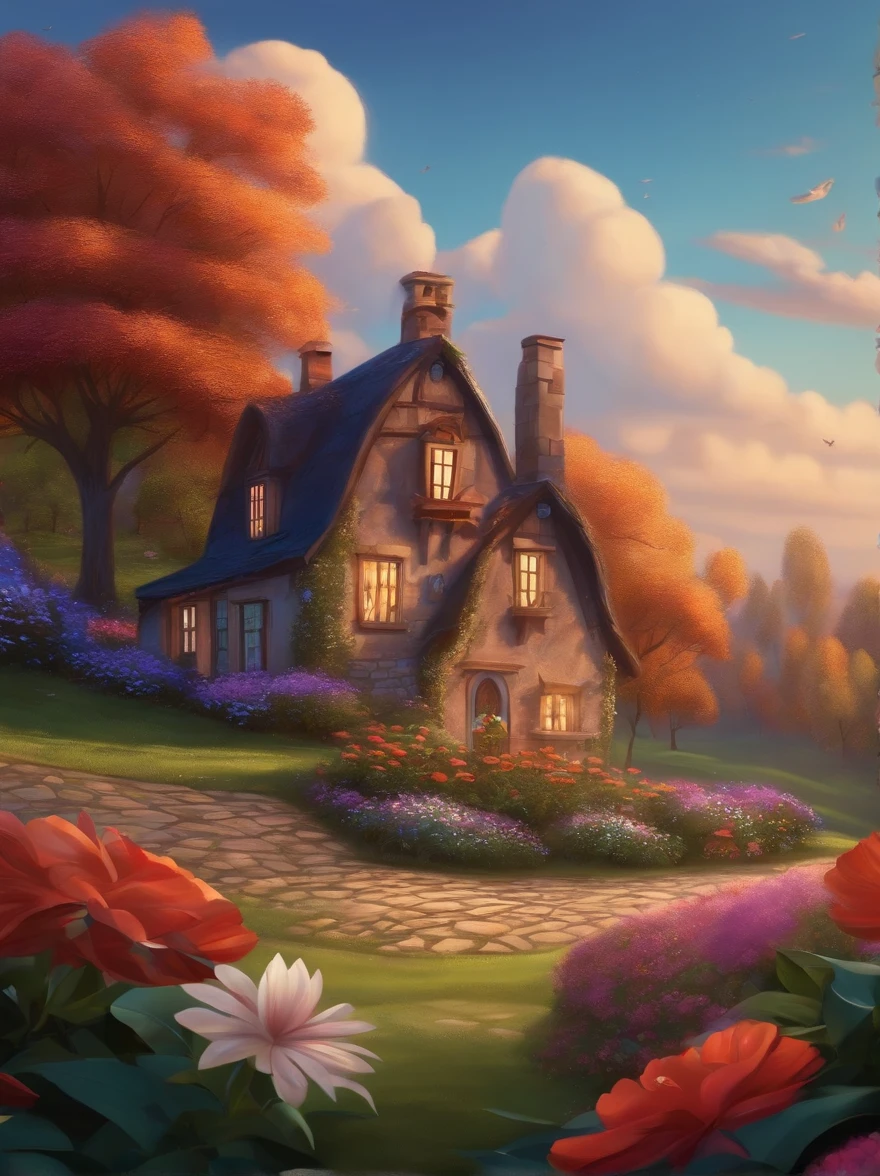 background a beautiful landscape with house and flowers and as the title Ildeu and Nilde Disney Pixar style