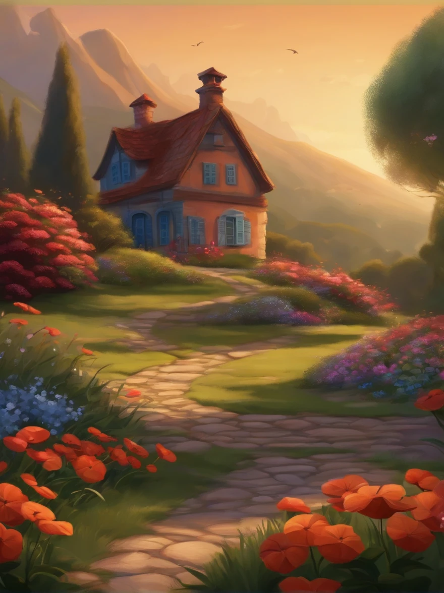 background a beautiful landscape with house and flowers and as the title Ildeu and Nilde Disney Pixar style