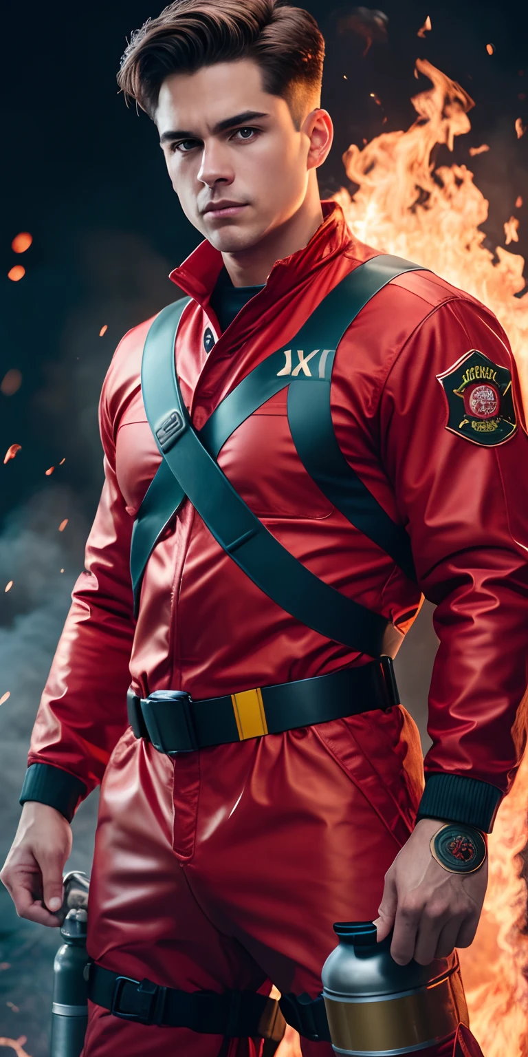 (8k, RAW photo, best quality, masterpiece: 1.2), ultra detailed, official art, photo-realistic: 1.37, upper body shot, young Fire Department Red safety suit, , letter (X) logo on chest, gray cancan putting out fire grain film, action pose
