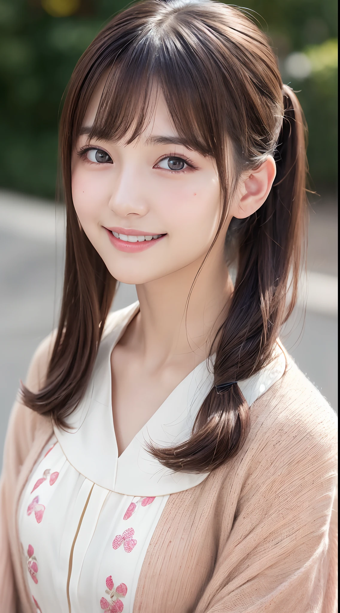 (masutepiece:1.3), High resolution, ultra-detailliert, the Extremely Detailed CG Unity 8K Wallpapers, Realistic, Photorealsitic, Raw photo, beautifull detailed face, pale skin, Realistic glitter skin, Detailed Cloth Texture, detailed hair texture, Beautiful face, acurate, Anatomically correct, Highly detailed facial and skin texture, Natural neck length, (Fair skin:1.2), 独奏、Brown hair、⦅Rabbit twin tails⦆、swept bangs、Japan Female, 18 years old、A detailed eye,,Harajuku、Cute realistic photos((smile1.6⦆、close - up face