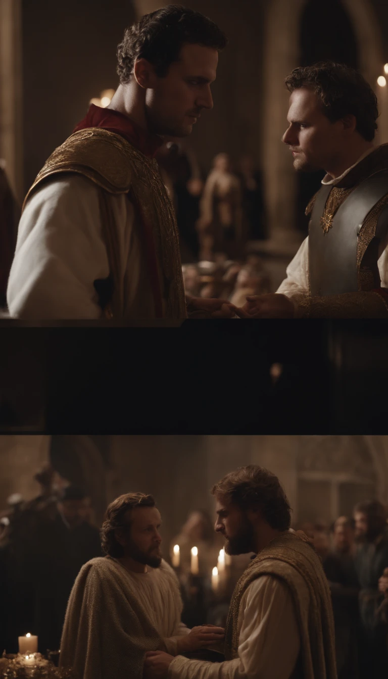 Craft a story that explores the reactions of Roman noblemen and citizens to Nero's actions, including the marriage of a castrated boy. cinematic,hyperrealistic,8k.