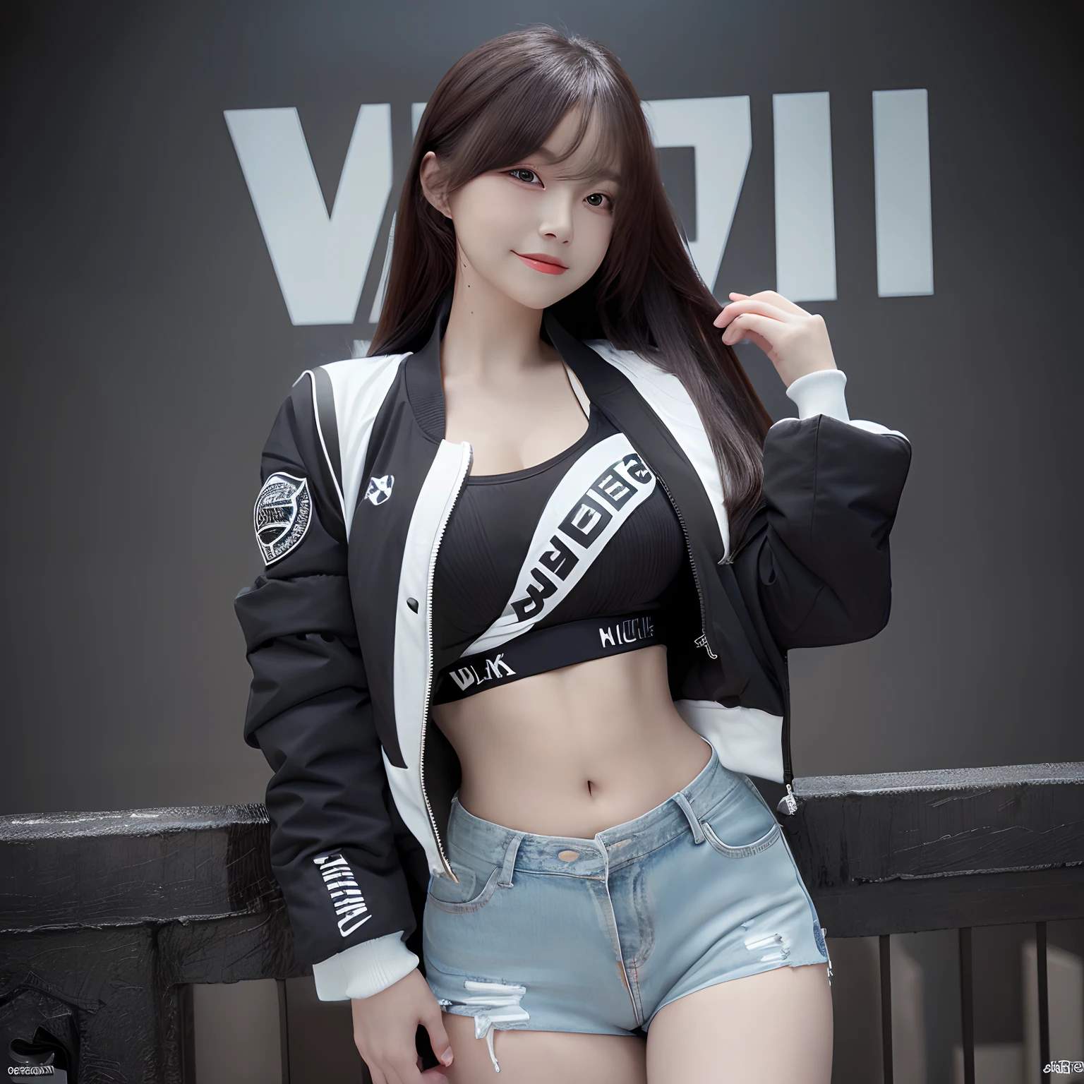 1girl, random pose, (((arafed woman in black and white jacket))), (black bra), (tight white jeans shorts), posing for a photo, wearing a bomber jacket, bomber jacket, (RAW Photo: 1.2), best quality, beautiful girl with detail, medium bust, smiling, highly detailed eyes and face, highly detailed eyes and face, large file size, high resolution, 8k wallpaper, nice detail, highly detailed ticker uniform 8k wallpaper, light on face, film lighting , 20 year old girl, sexy pose, (Photorealism: 1.4), illustration, super detail, gray background,