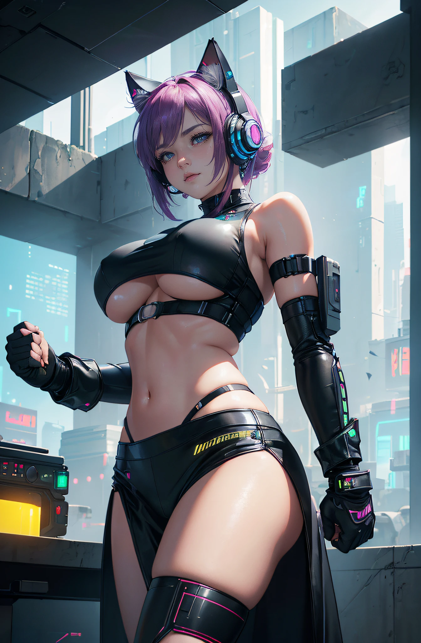 (masterpiece:1.2, beautiful, 8k, 4k, amazing quality, cyberpunk, futuristic, extreme detail, ultra sharp, smooth, ray tracing, fine detail, quality lighting, perfect, underboob, cat ear headphones) Closed Fists