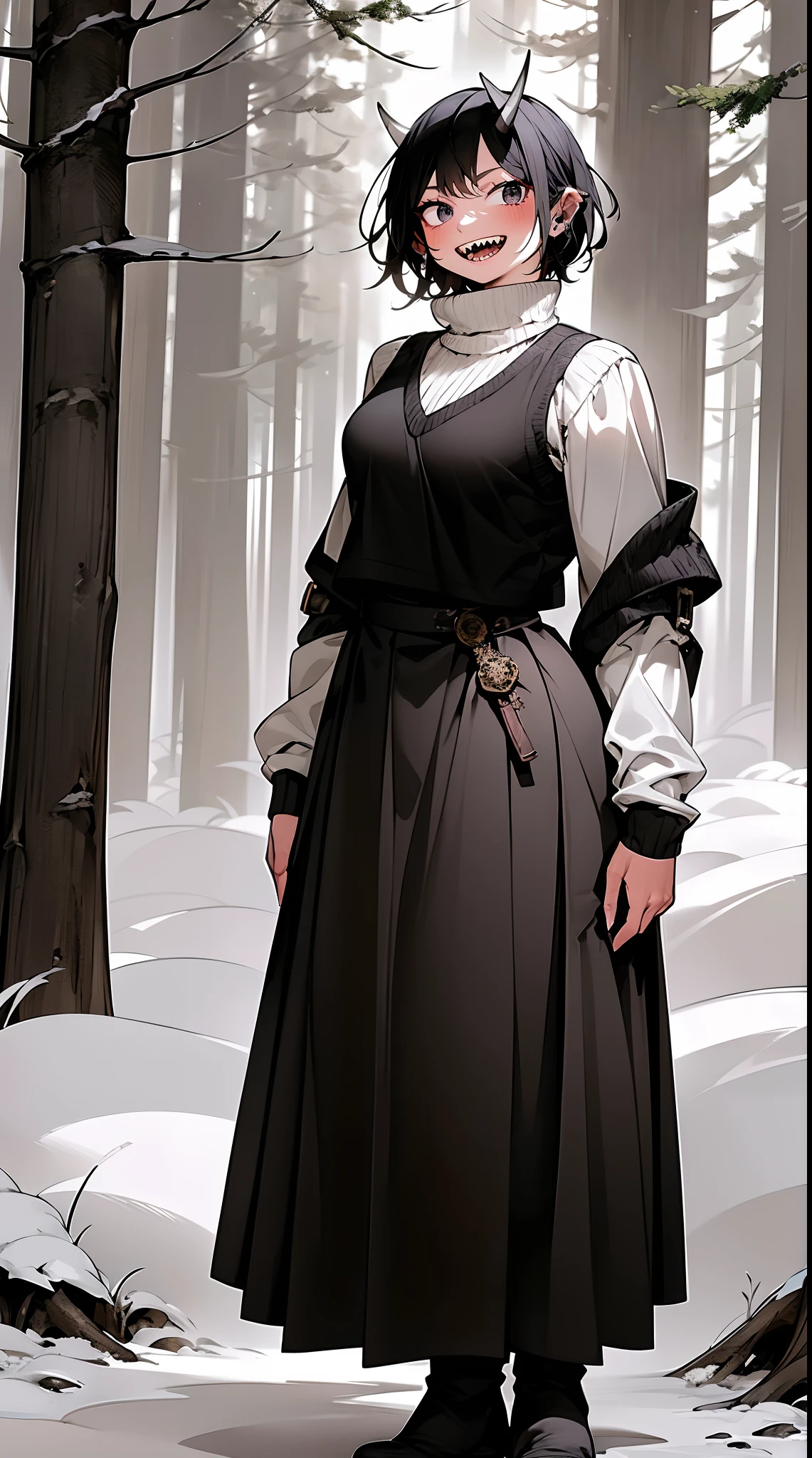 short hair, youngirl,black hair, vest, pullover, dragon horns, sharpteeth, standing, smile, full body , boots, long skirt, winter dress,, forest, woman-medieval-clothes, horns, smile, open mouth ,sharpteeth,