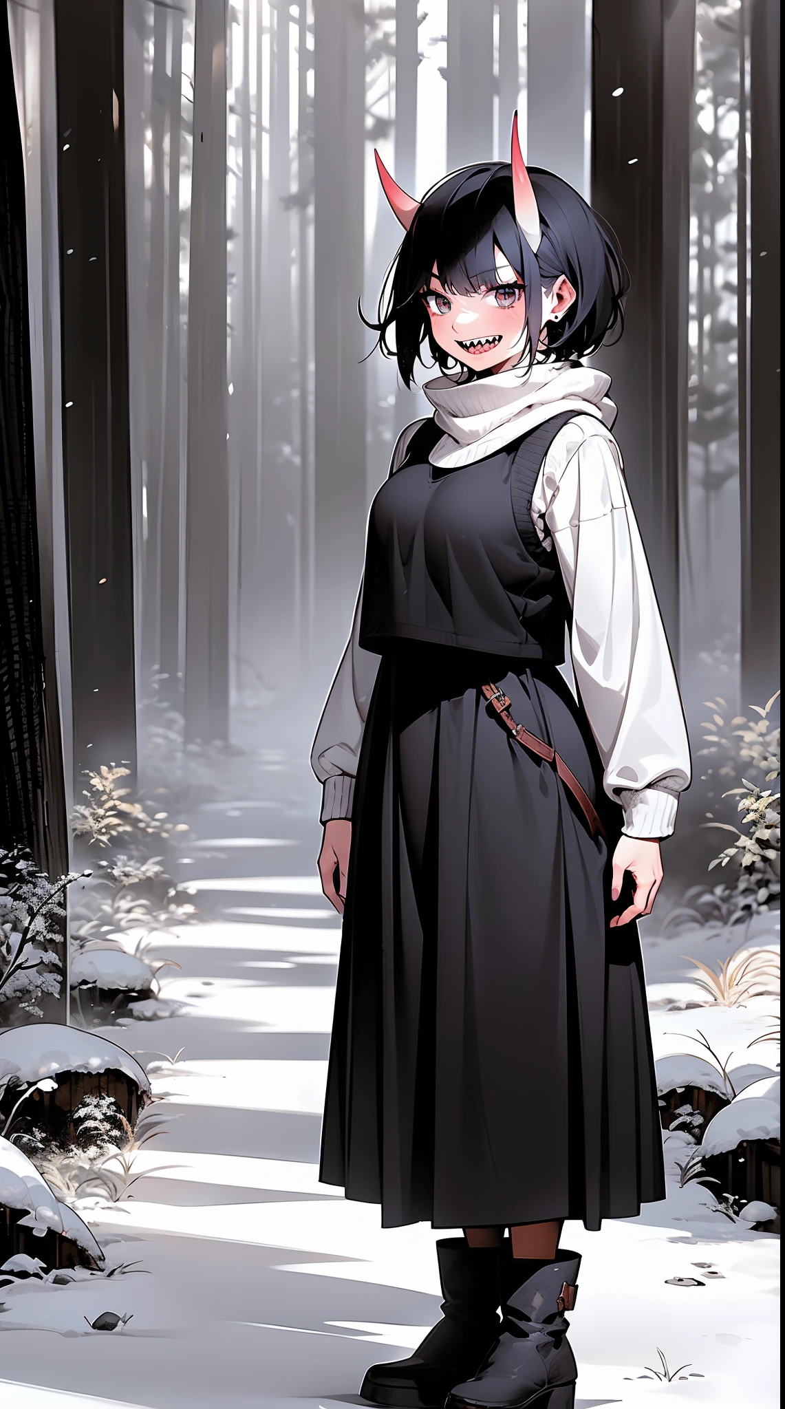 short hair, youngirl,black hair, vest, pullover, dragon horns, sharpteeth, standing, smile, full body , boots, long skirt, winter dress,, forest, woman-medieval-clothes, horns, smile, open mouth ,sharpteeth,