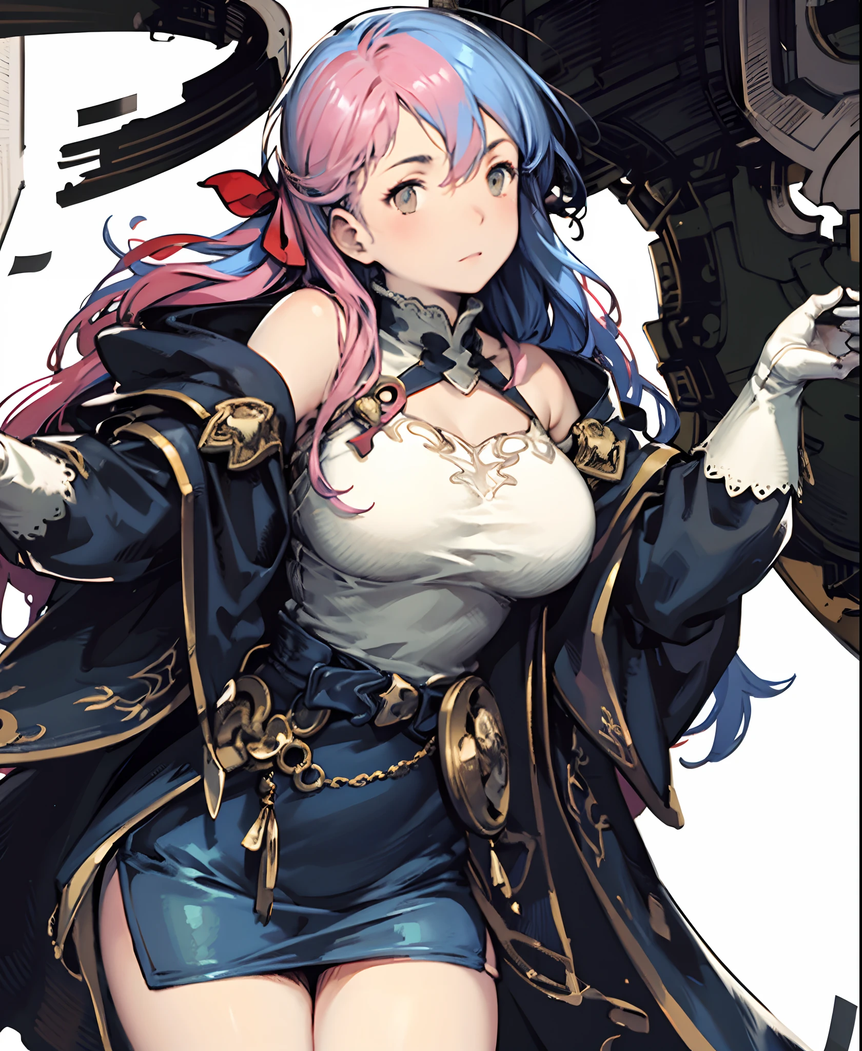 yoshida akihiko, 1girl, bravely default: flying fairy, bravely default \(series\), Nier, final fantasy, brown eyes, red ribbon, bird, half pink and blue hair