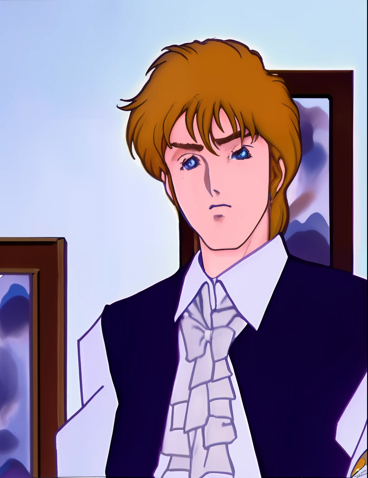 arafed image of a man in a vest and tie standing in front of a picture, boromir in an 80\'s anime world, 80s anime ova style, 1980's anime style, anime handsome man, kentaro miura style, delicate androgynous prince, 8 0 s anime, 80s anime, with shoulder pads