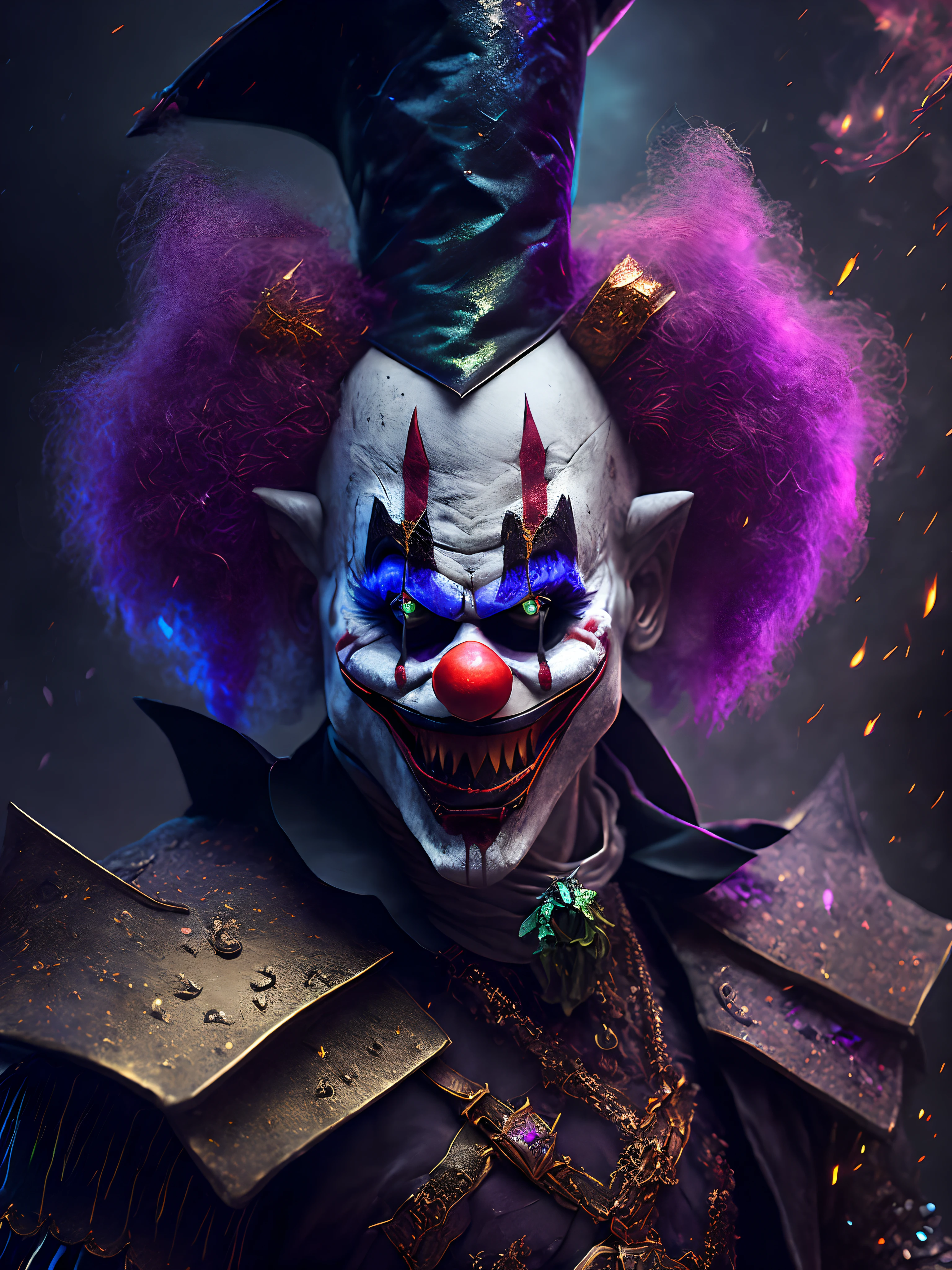 Nightmare Grin An image featuring an evil clown with a menacing grin, showcasing sharp, yellowed teeth and an unsettling smile that sends chills down the spine, Ultra realism, color field printing, high detail, UHD, 8k, anatomically correct, cinematic lighting 4d quality --auto