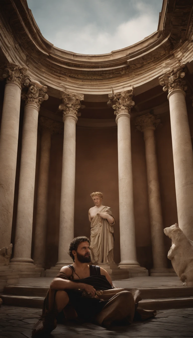 Craft a vivid and immersive visual story that explores the reactions of Roman noblemen and citizens to Nero's actions, including the marriage of a castrated boy. Capture the intense emotions and expressions on the faces of the Roman elite in a grand Senato hall as they grapple with shock and dissent. Amidst the historical opulence of Rome's architecture, convey the stark contrast of public outrage in the bustling streets and markets. Don't forget to emphasize the presence of Nero's portrait as it looms over the scene, symbolizing his grip on power. Incorporate historical details, like the clothing styles of the era and significant Roman emblems, to transport the viewer to ancient Rome. The tension and protests should be palpable, leaving viewers with a profound sense of the turbulent times. Make this visual narrative a window into a pivotal moment in Roman history.
