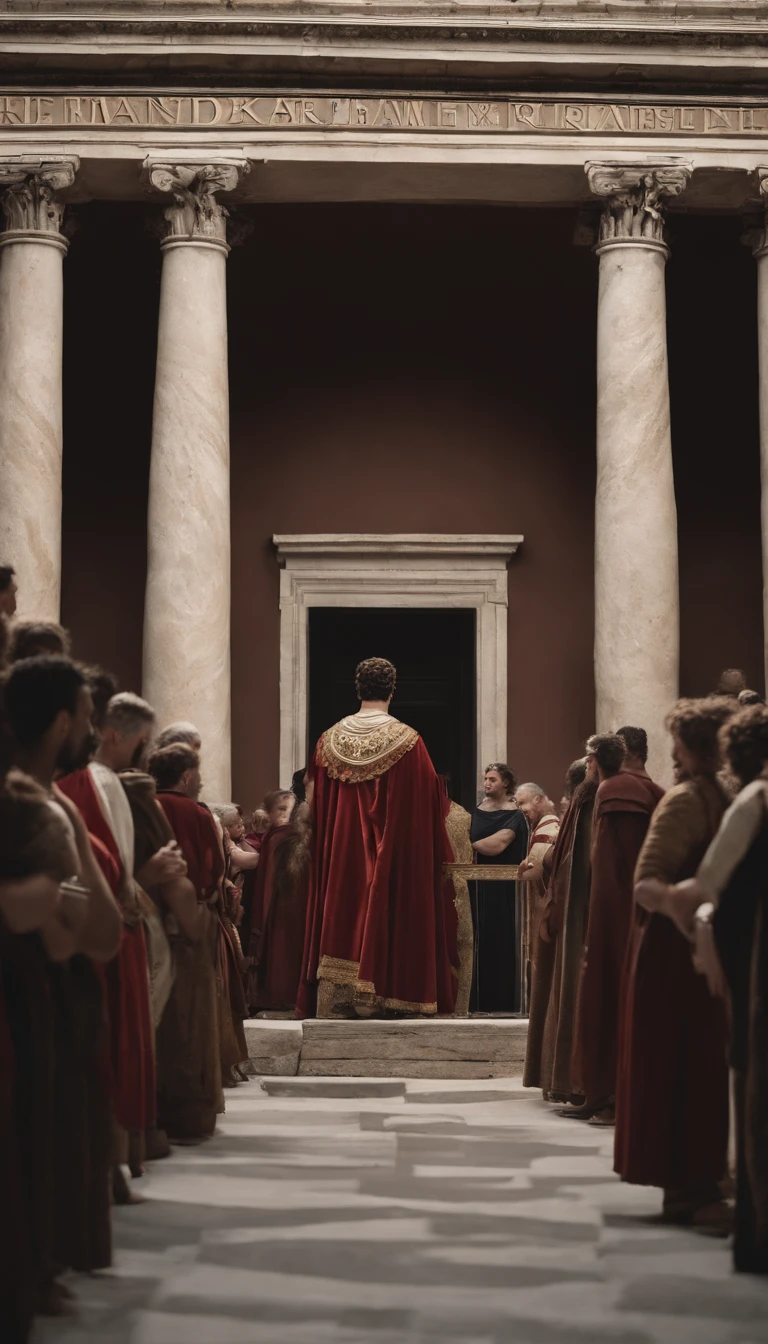 Craft a vivid and immersive visual story that explores the reactions of Roman noblemen and citizens to Nero's actions, including the marriage of a castrated boy. Capture the intense emotions and expressions on the faces of the Roman elite in a grand Senato hall as they grapple with shock and dissent. Amidst the historical opulence of Rome's architecture, convey the stark contrast of public outrage in the bustling streets and markets. Don't forget to emphasize the presence of Nero's portrait as it looms over the scene, symbolizing his grip on power. Incorporate historical details, like the clothing styles of the era and significant Roman emblems, to transport the viewer to ancient Rome. The tension and protests should be palpable, leaving viewers with a profound sense of the turbulent times. Make this visual narrative a window into a pivotal moment in Roman history.