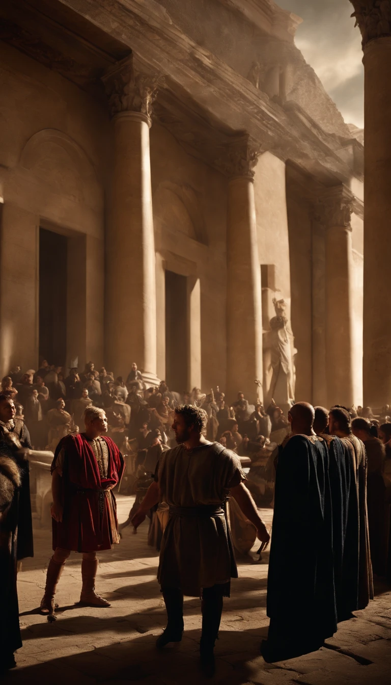 Craft a vivid and immersive visual story that explores the reactions of Roman noblemen and citizens to Nero's actions, including the marriage of a castrated boy. Capture the intense emotions and expressions on the faces of the Roman elite in a grand Senato hall as they grapple with shock and dissent. Amidst the historical opulence of Rome's architecture, convey the stark contrast of public outrage in the bustling streets and markets. Don't forget to emphasize the presence of Nero's portrait as it looms over the scene, symbolizing his grip on power. Incorporate historical details, like the clothing styles of the era and significant Roman emblems, to transport the viewer to ancient Rome. The tension and protests should be palpable, leaving viewers with a profound sense of the turbulent times. Make this visual narrative a window into a pivotal moment in Roman history.