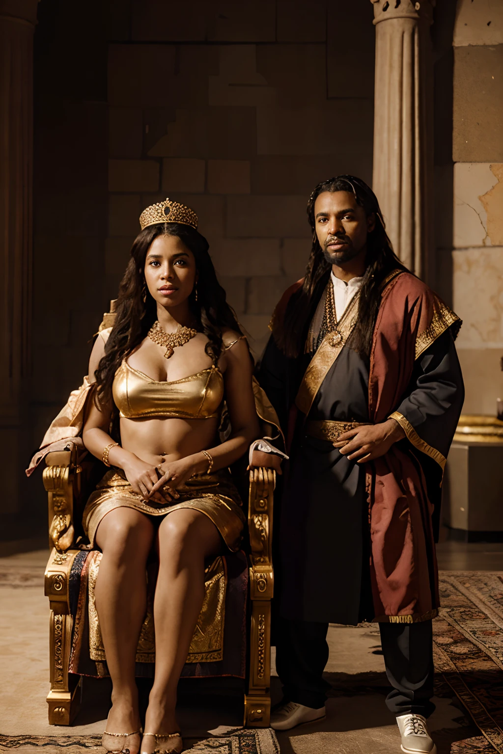 King Solomon with Queen of Sheba, 8k, realistic, sitting on the throne